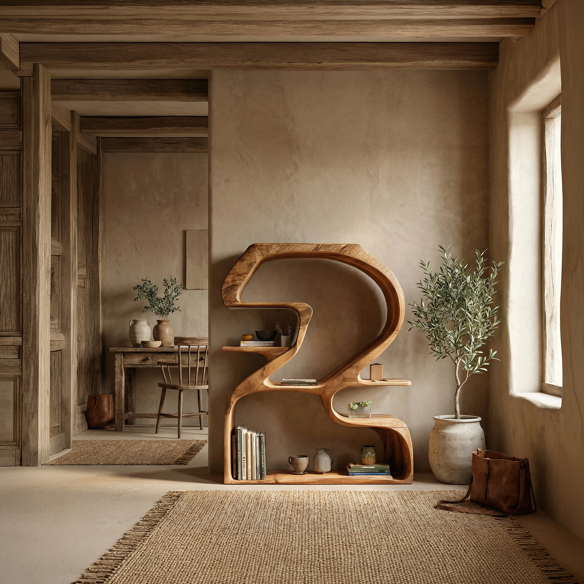 Rustic Sculptural Bookshelf For Living Room And Entryway SINLSASC469