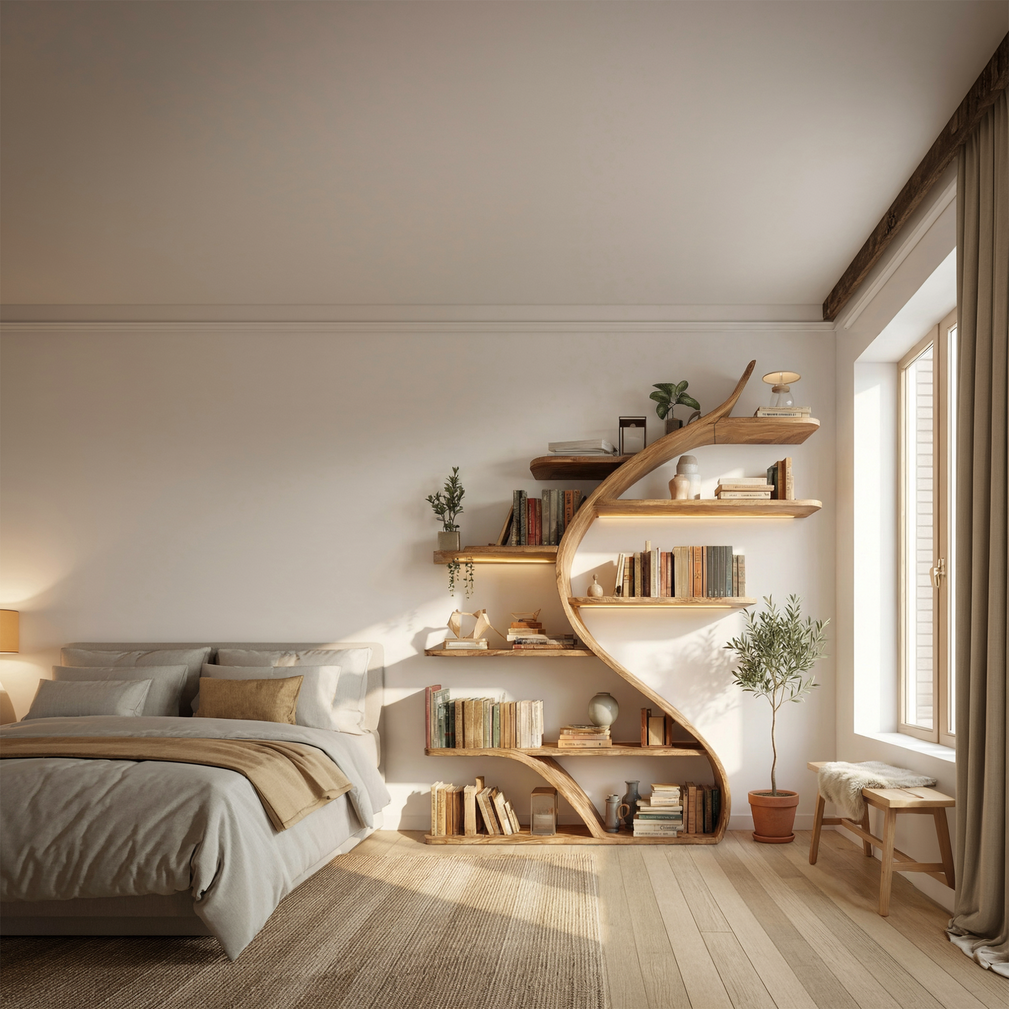 Rustic Curved Wall Bookshelf For Bedroom And Living Room SINLSASC471