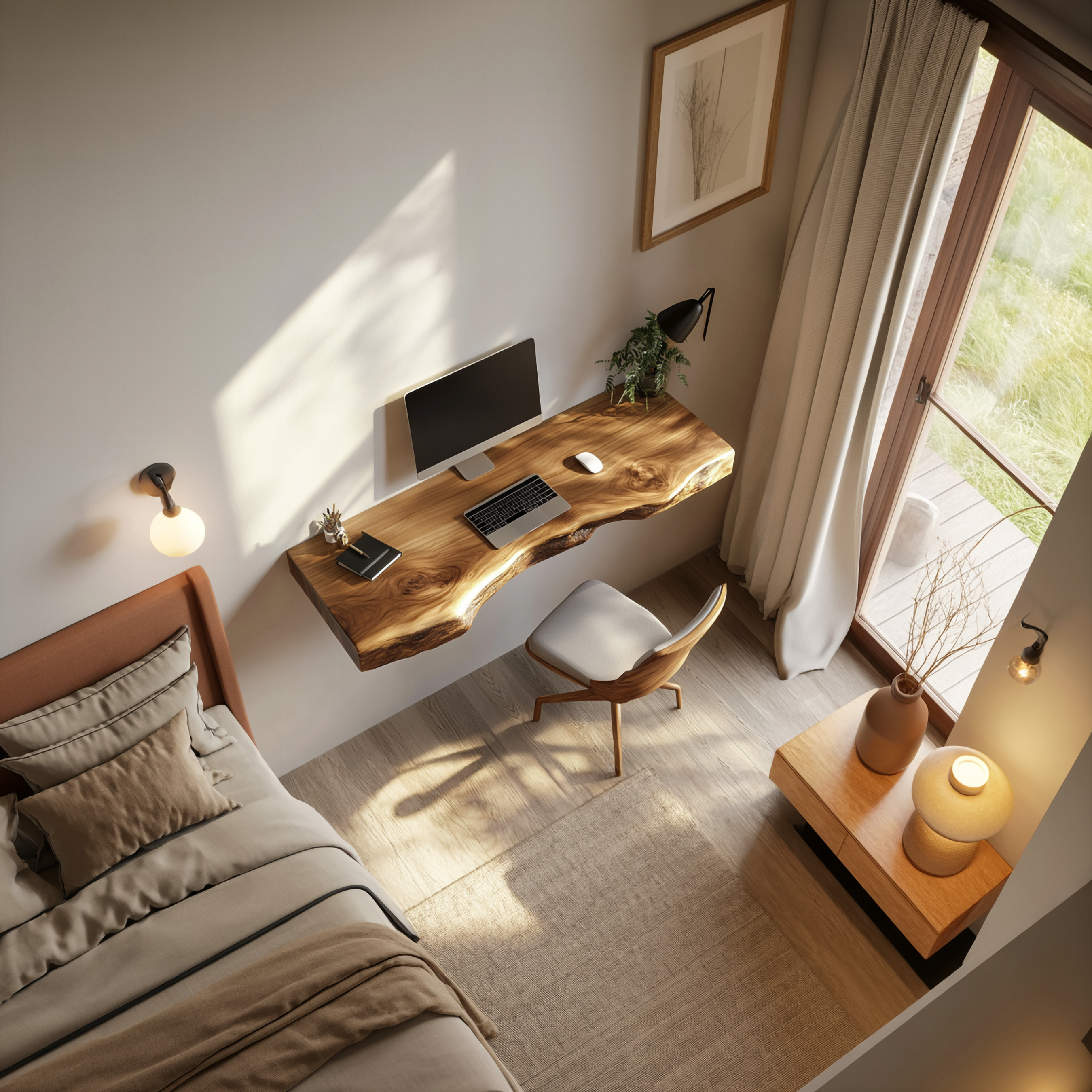 Handcrafted Live Edge Wall Desk Solid Wood Study Room Interior Artistic Design SINLSAFL428