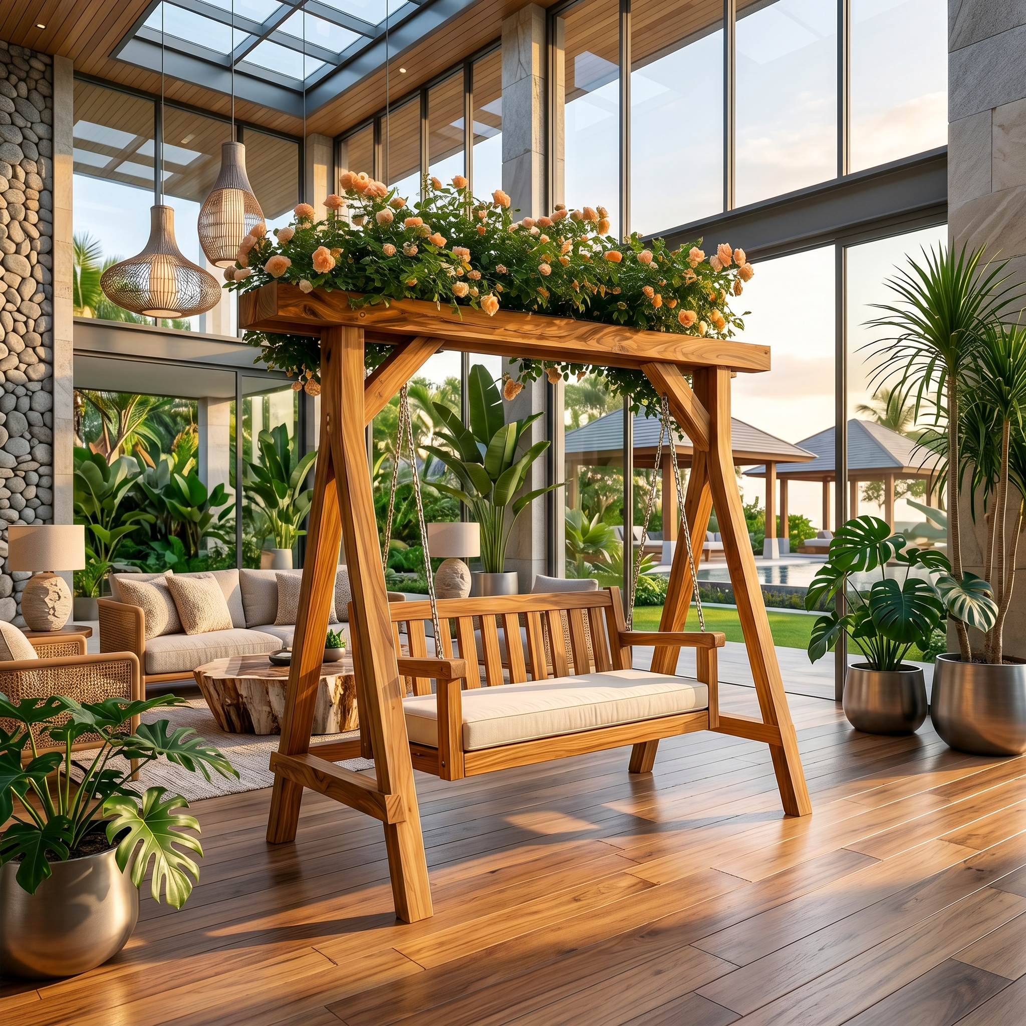 Elegant Wooden Swing With Planter Frame SILDTTRSWI013