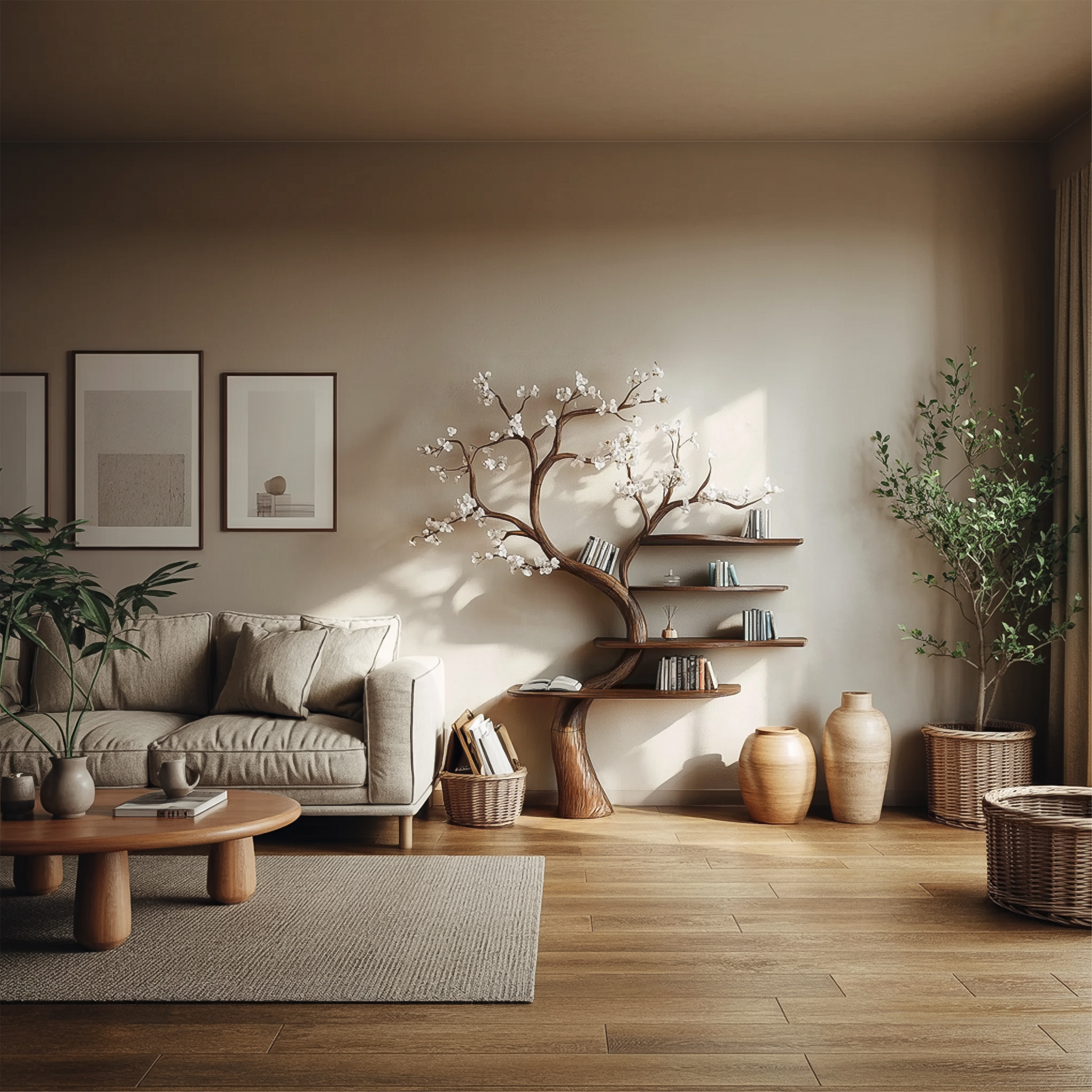 Rustic Natural Tree Bookshelf Living Room Interior Artistic Decor SINLSATB585