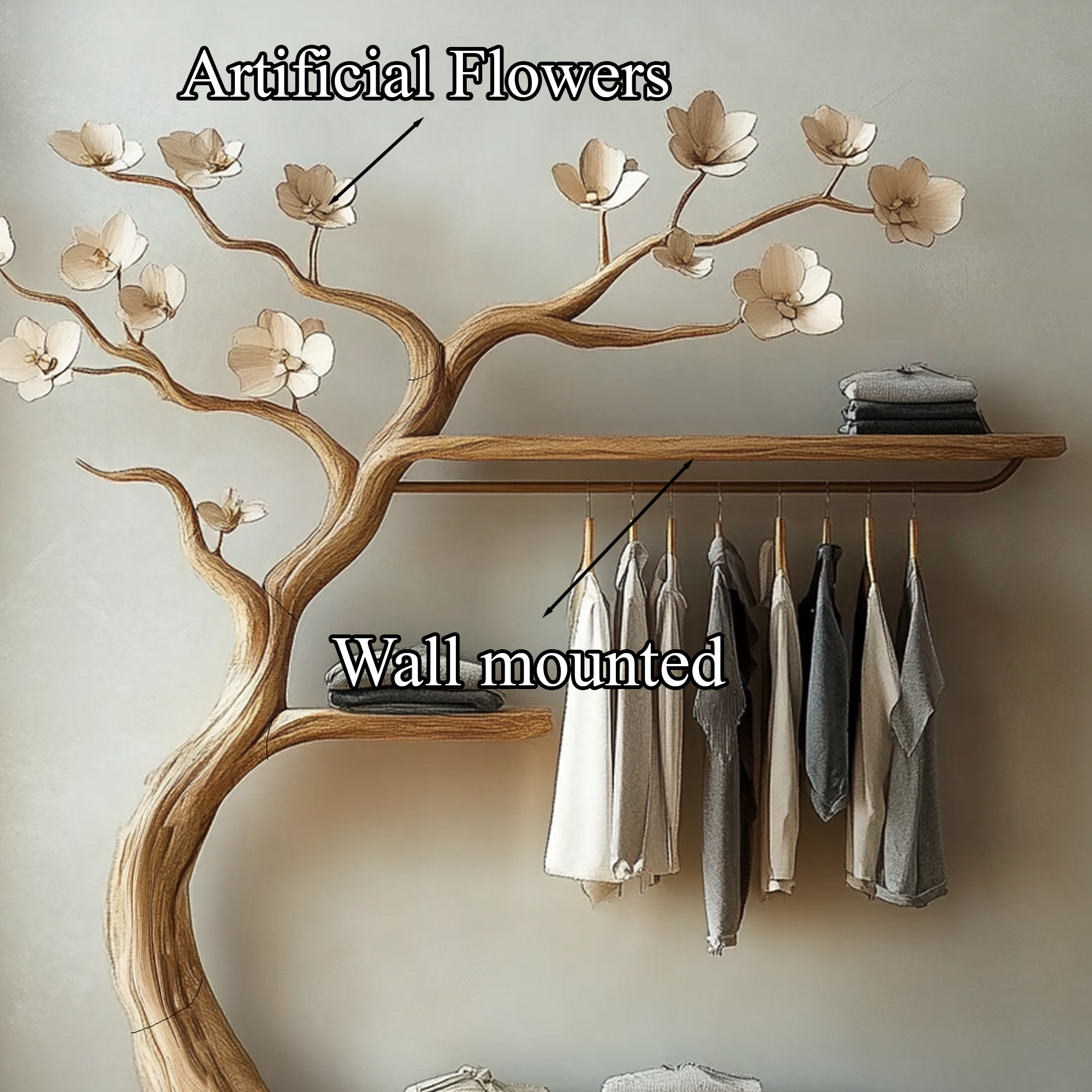 Rustic Tree Branch Rack Wall Mounted Floating Shelf Tree Hanger Clothes SINLTB136
