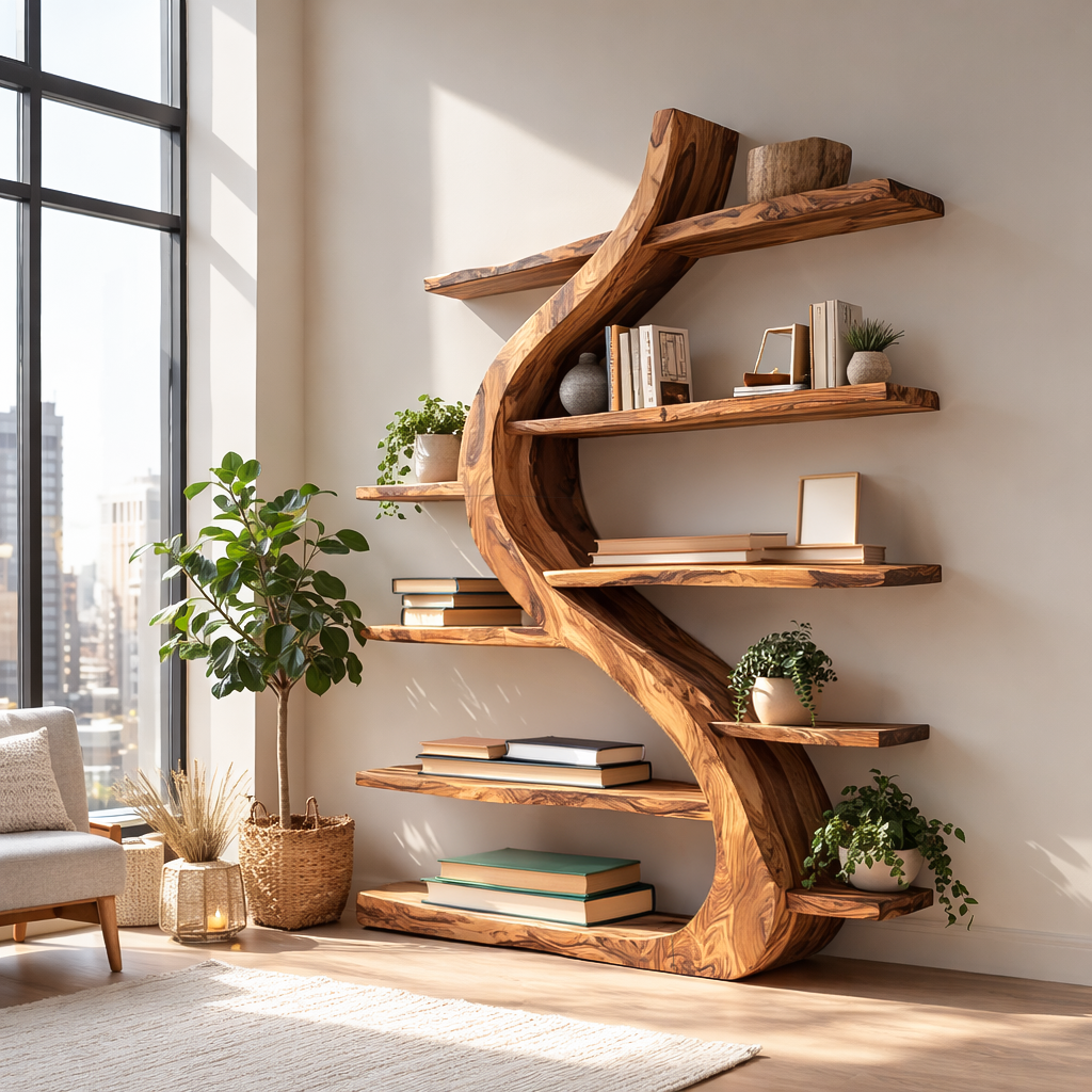 Organic Wooden Bookshelf Soft Curved Design For Home Decor RTTHTTBS124