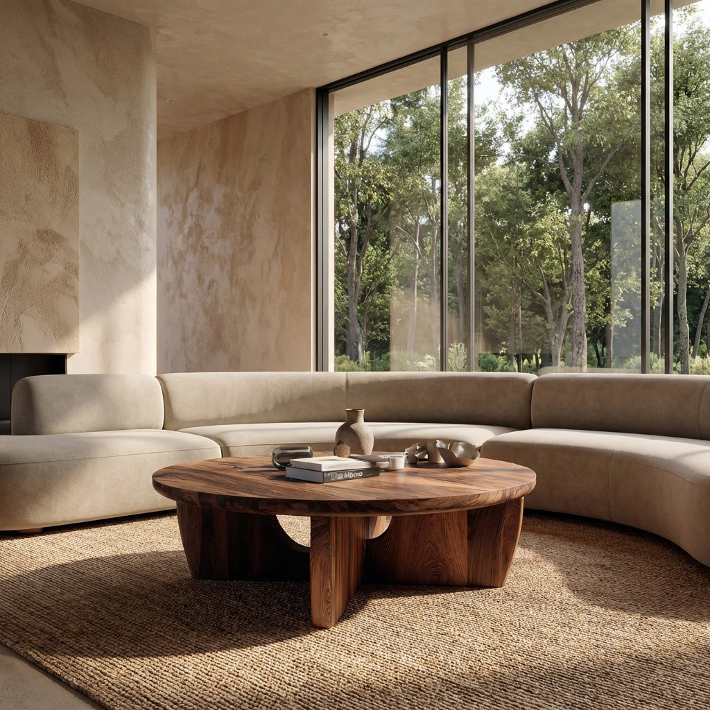 Round Wooden Coffee Table Unique Base Design For Home RTTHHNCF067