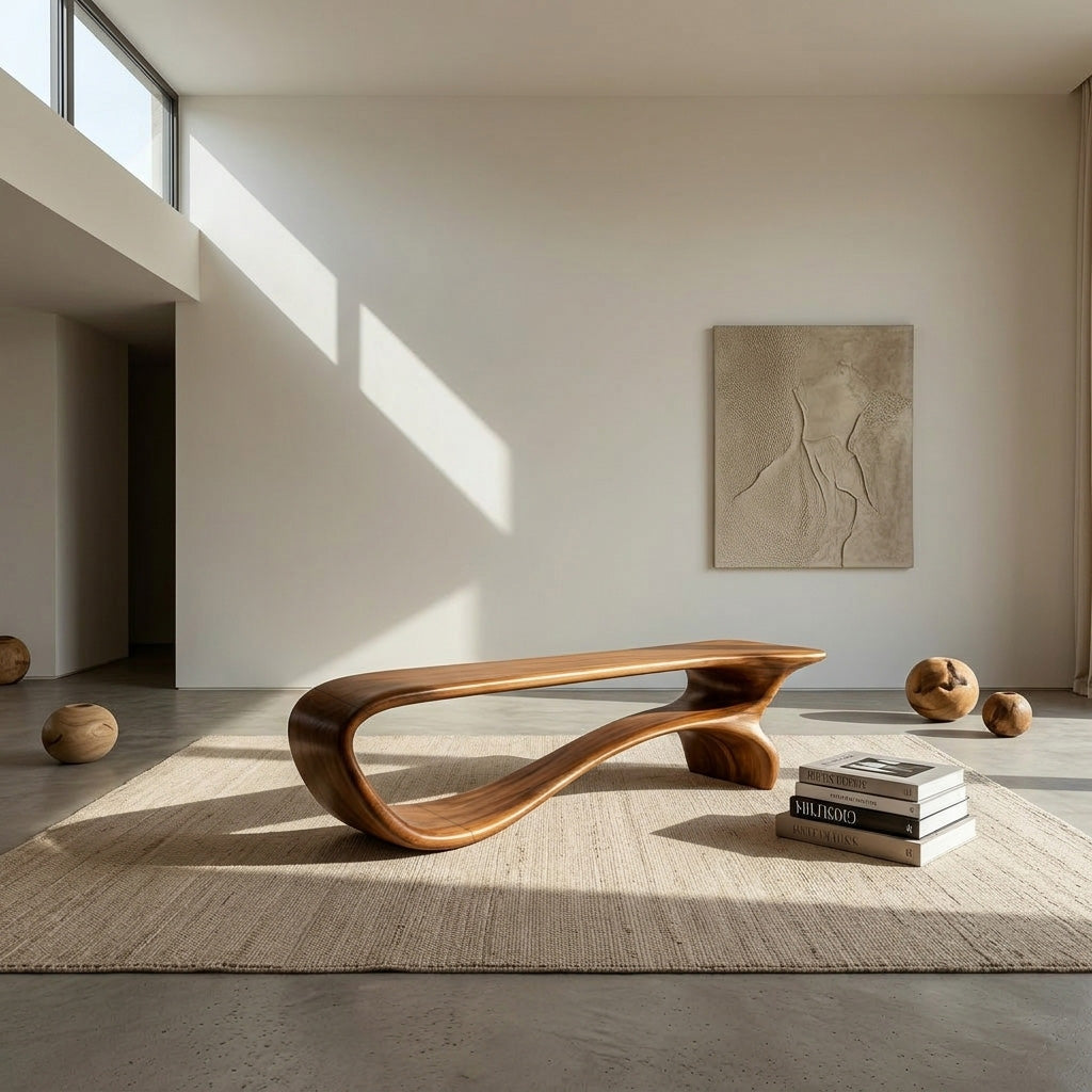 Minimalist Curved Natural Wood Bench For Living Room Decor RTTHHNCHR142