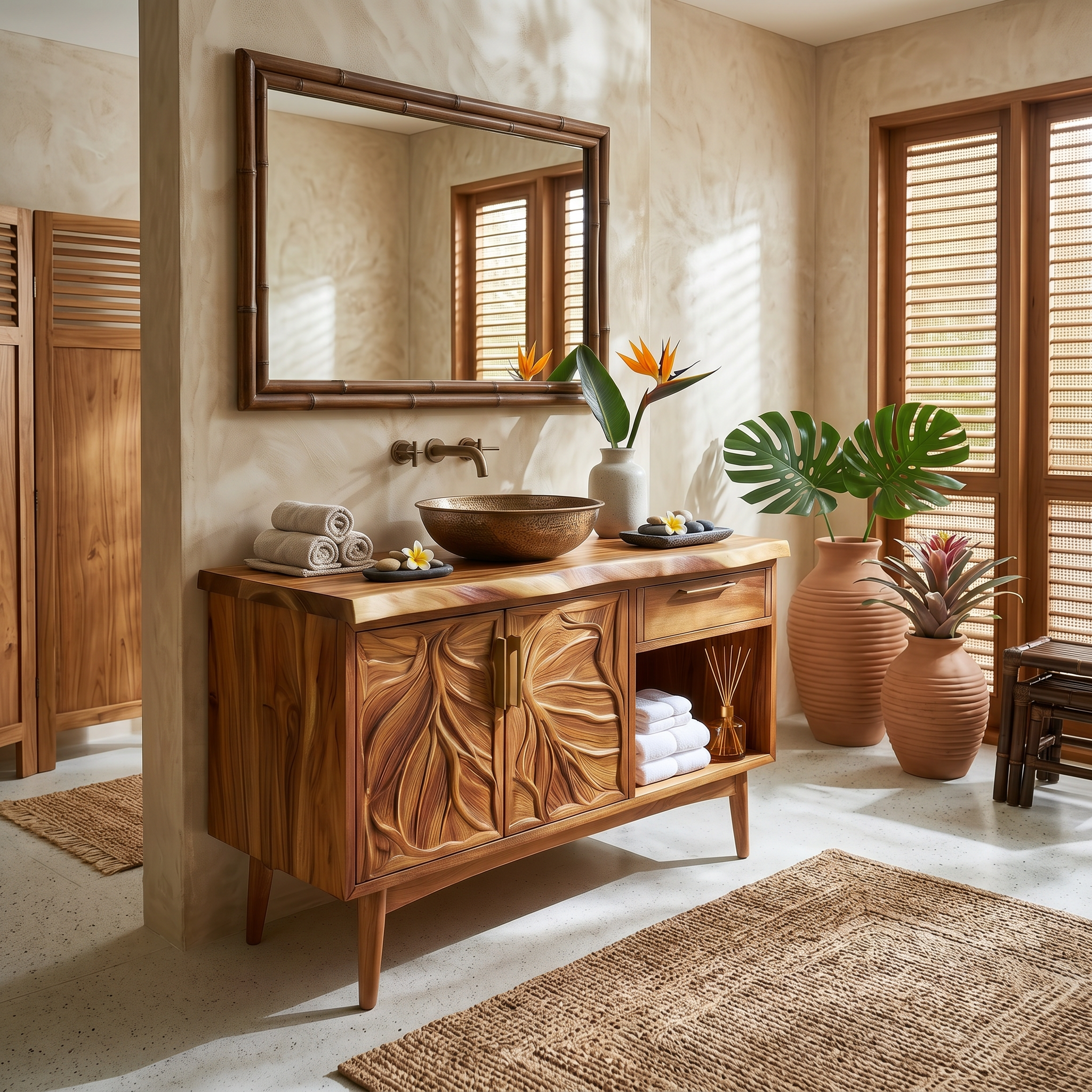 Tropical Wooden Vanity Cabinet With Carved Doors Spa Bathroom SILDTTRBRV142