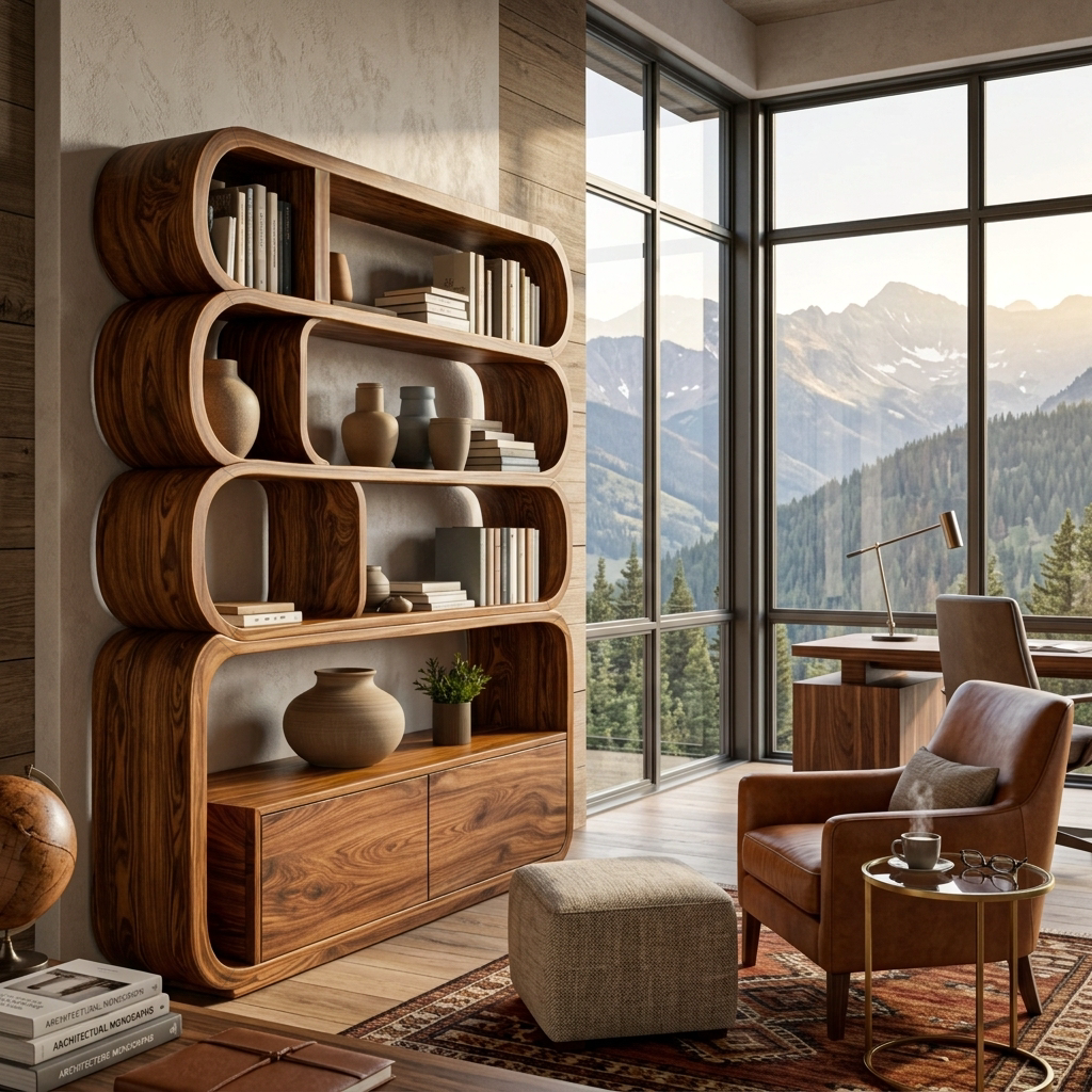 Modern Natural Wood Bookshelf With Curved Structure For Living Room RTTHTTBS117