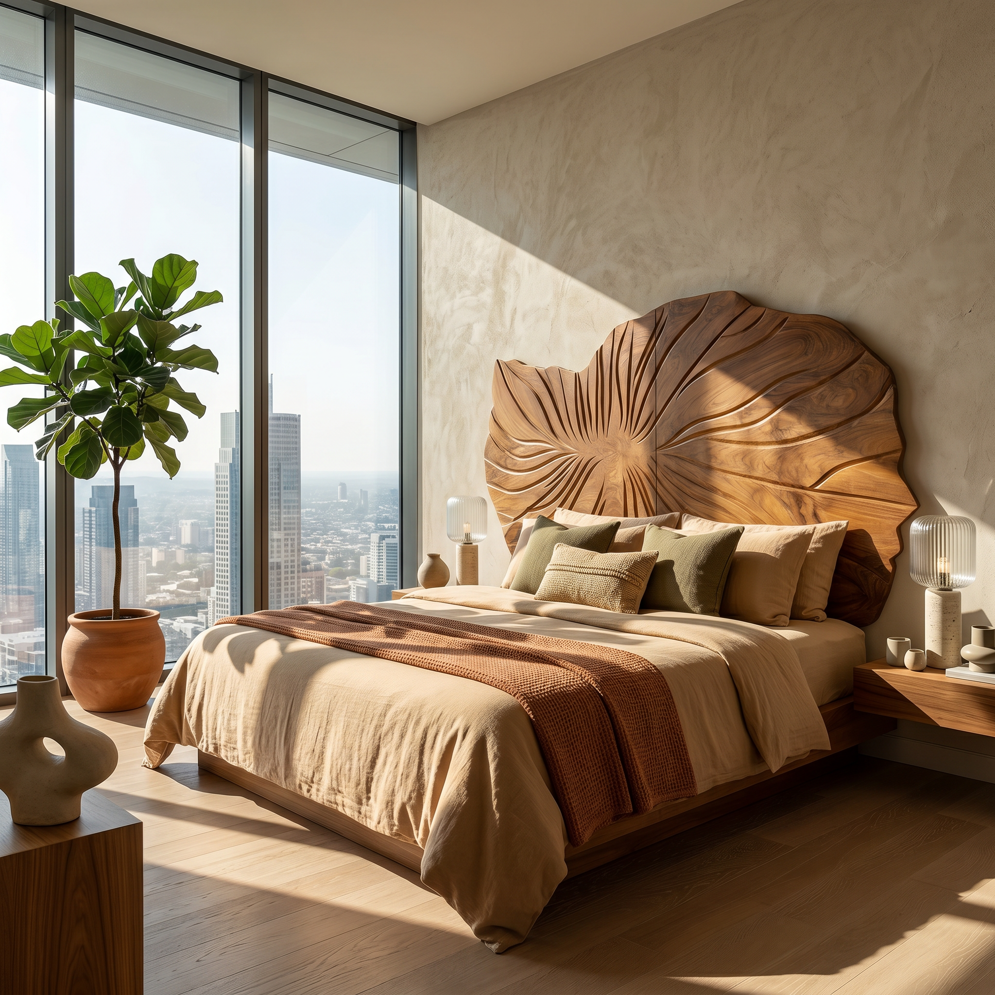 Sculptural Leaf Wood Headboard For Contemporary Neutral Bedroom SILDTTRHB009