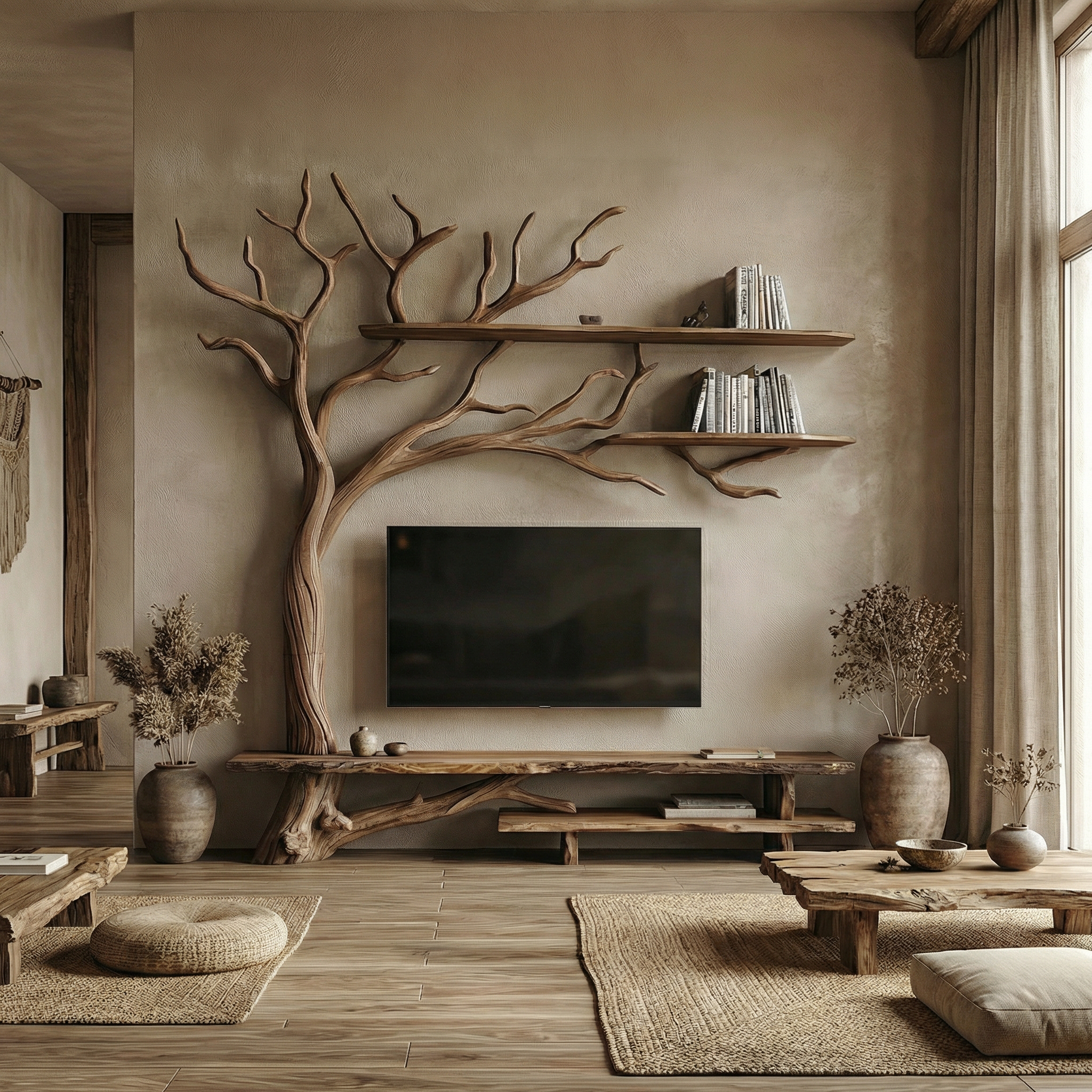 Rustic Tree Wall TV Stand System For Living Room And Media Space SINLSATB705