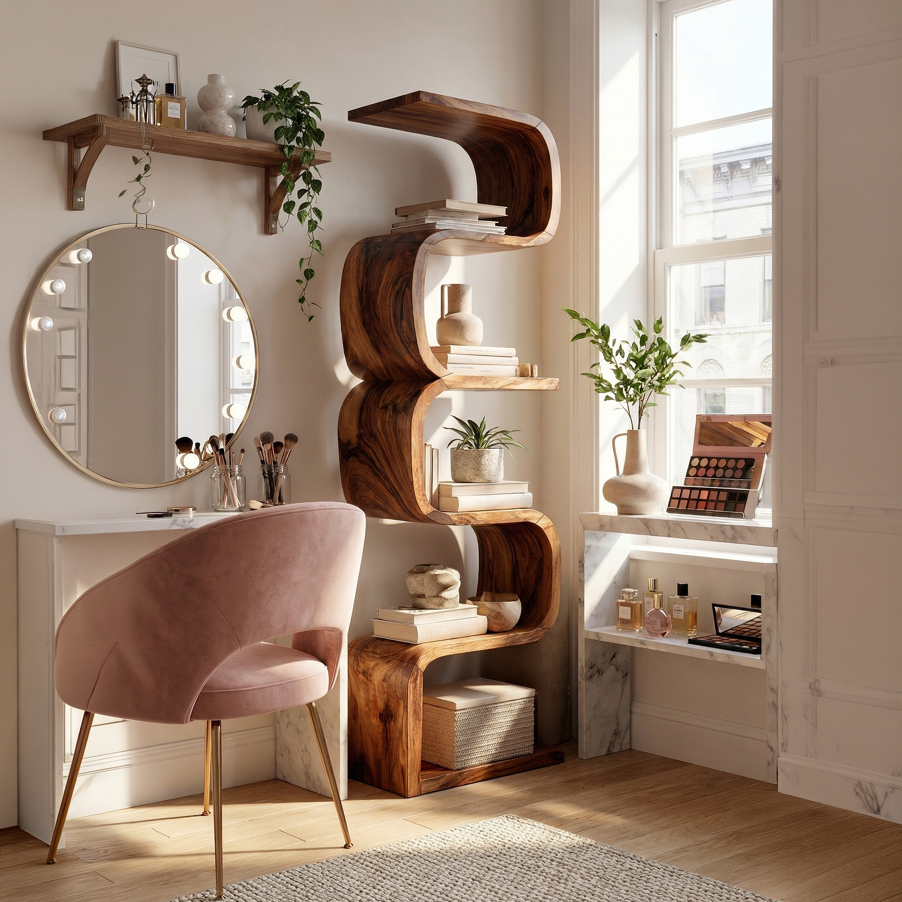 Rustic Farmhouse Wavy Bookshelf Bedroom Corner Display SILDTTRBS007