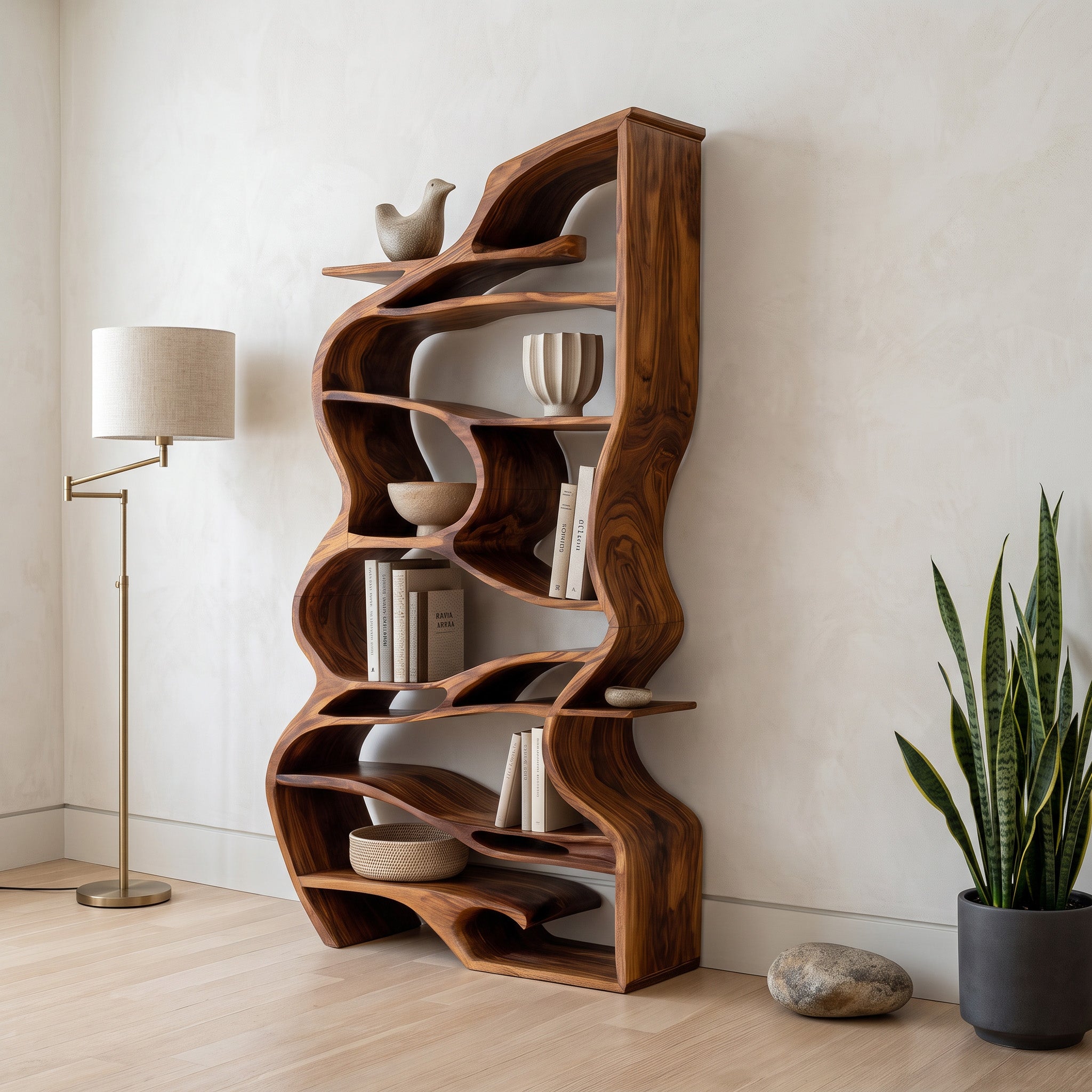 Handcrafted Sculpted Bookshelf With Organic Design For Living Room Or Office SITHHNBS031