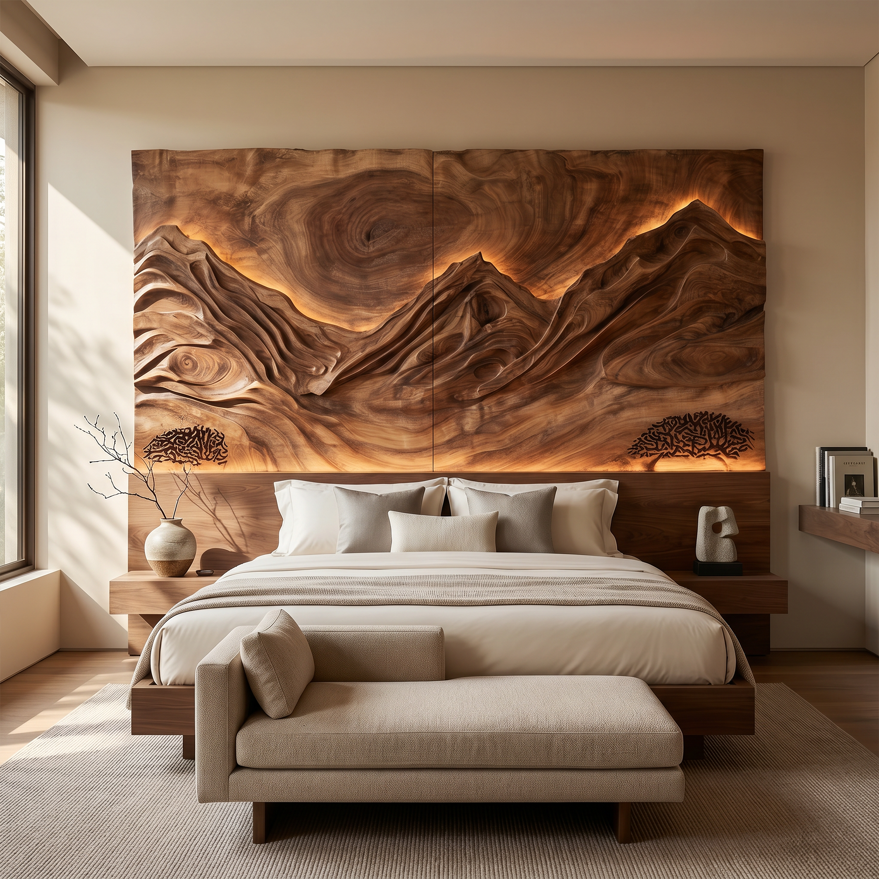 Modern Mountain Relief Wood Headboard For Marble Accent Bedroom SILDTTRHB015