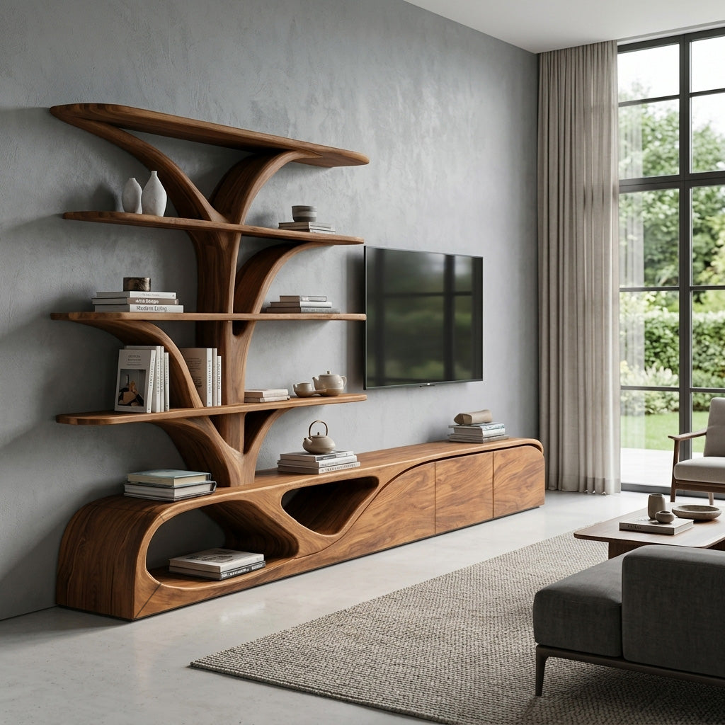 Organic TV Shelf With Tree Shape Bookshelf For Living Room SITHHNTVC043