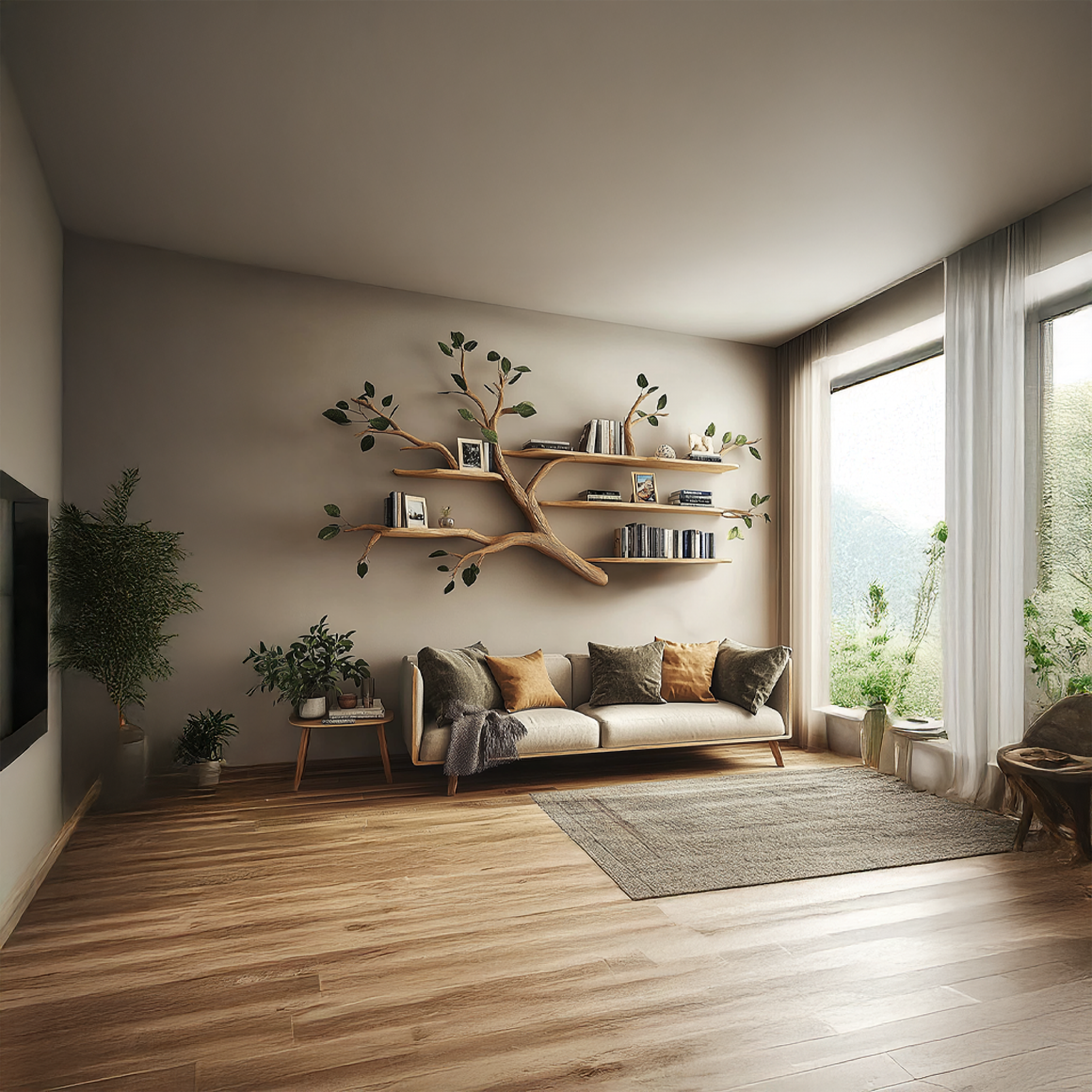Rustic Solid Wood Tree Branch Floating Bookshelf Living Room SINLSATBS037