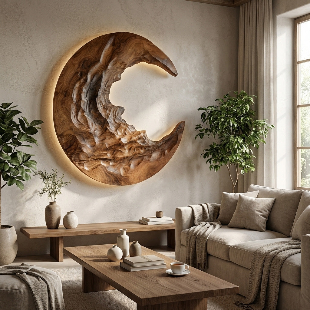 Organic Modern Crescent Wood Wall Art With Light For Living Room RTTHHNWA170