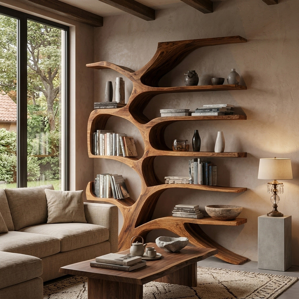 Contemporary Sculpted Wooden Bookshelf For Living Room Decor RTTHHNBS153