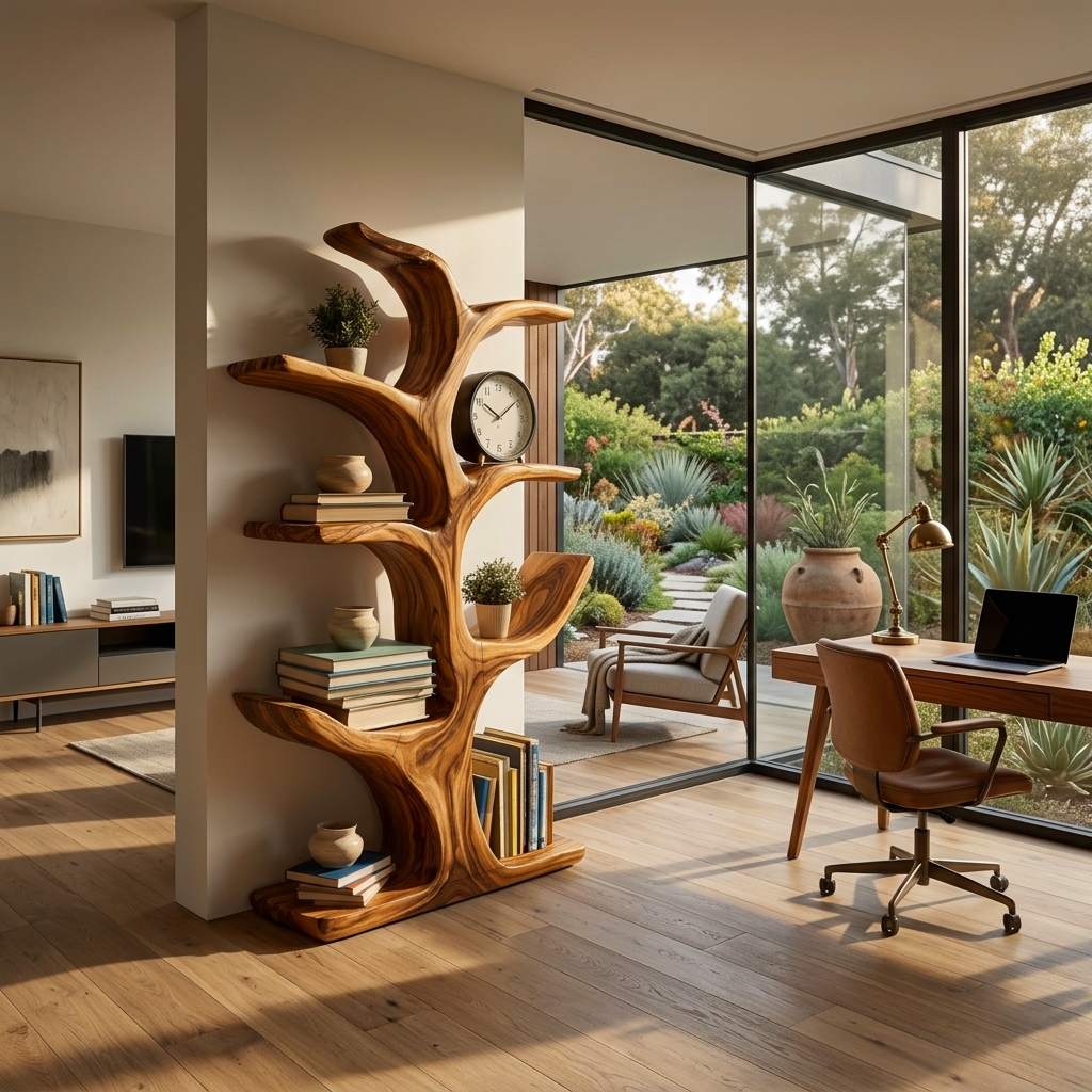 Handmade Wood Bookshelf Sculptural Curved Design For Living Room RTTHTTBS110