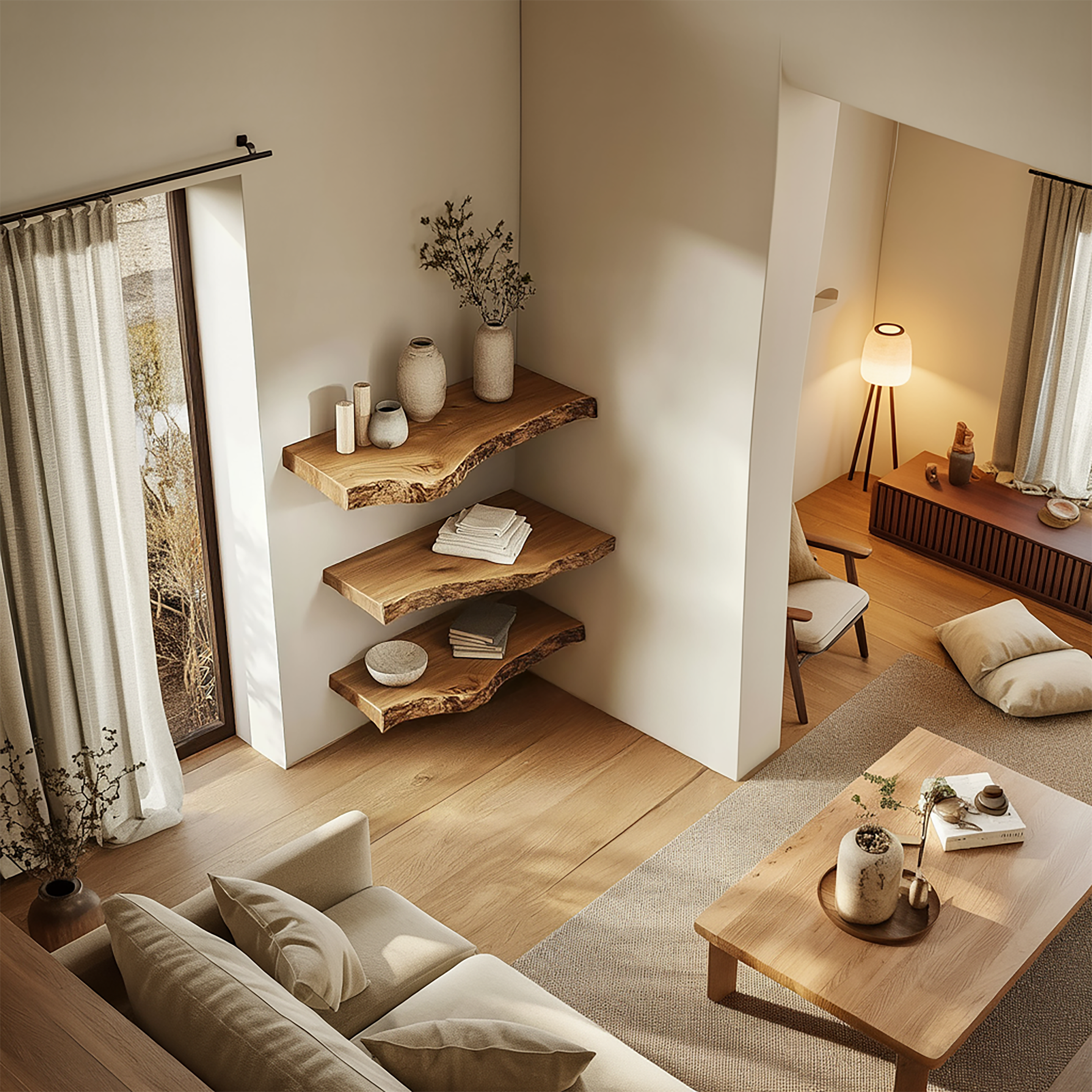 Rustic Sculptural Corner Floating Shelves Solid Wood Living Room Interior Statement Design SINLSAFL418