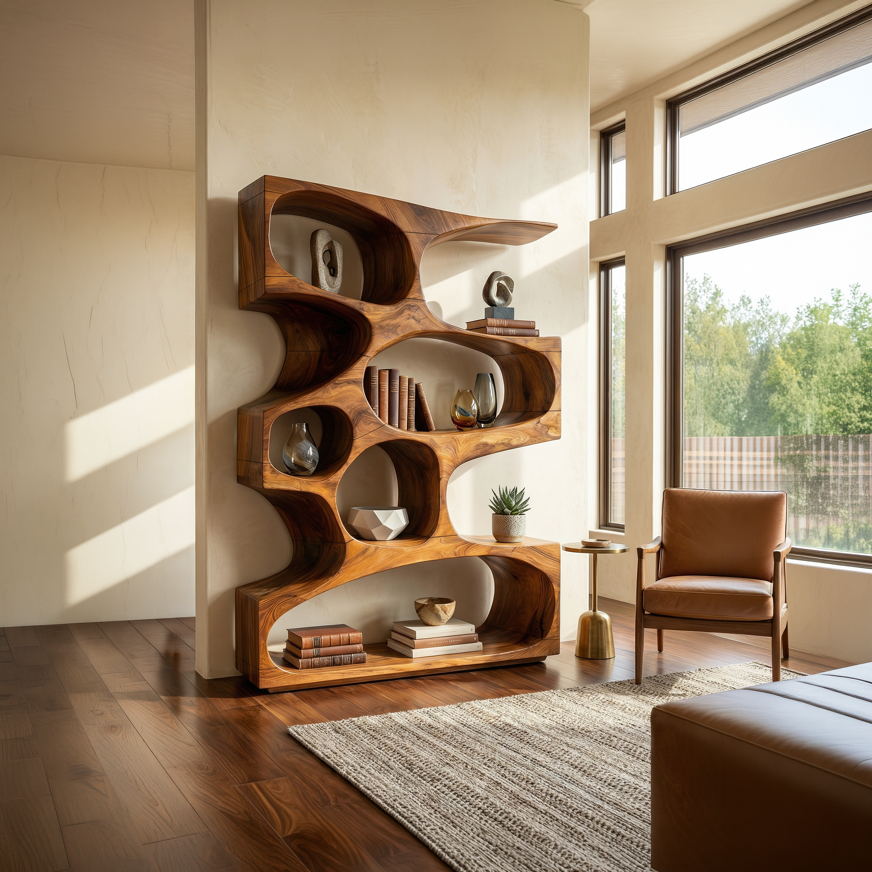 Mid Century Modern Wavy Bookshelf Bedroom Corner Storage SILDTTRBS021