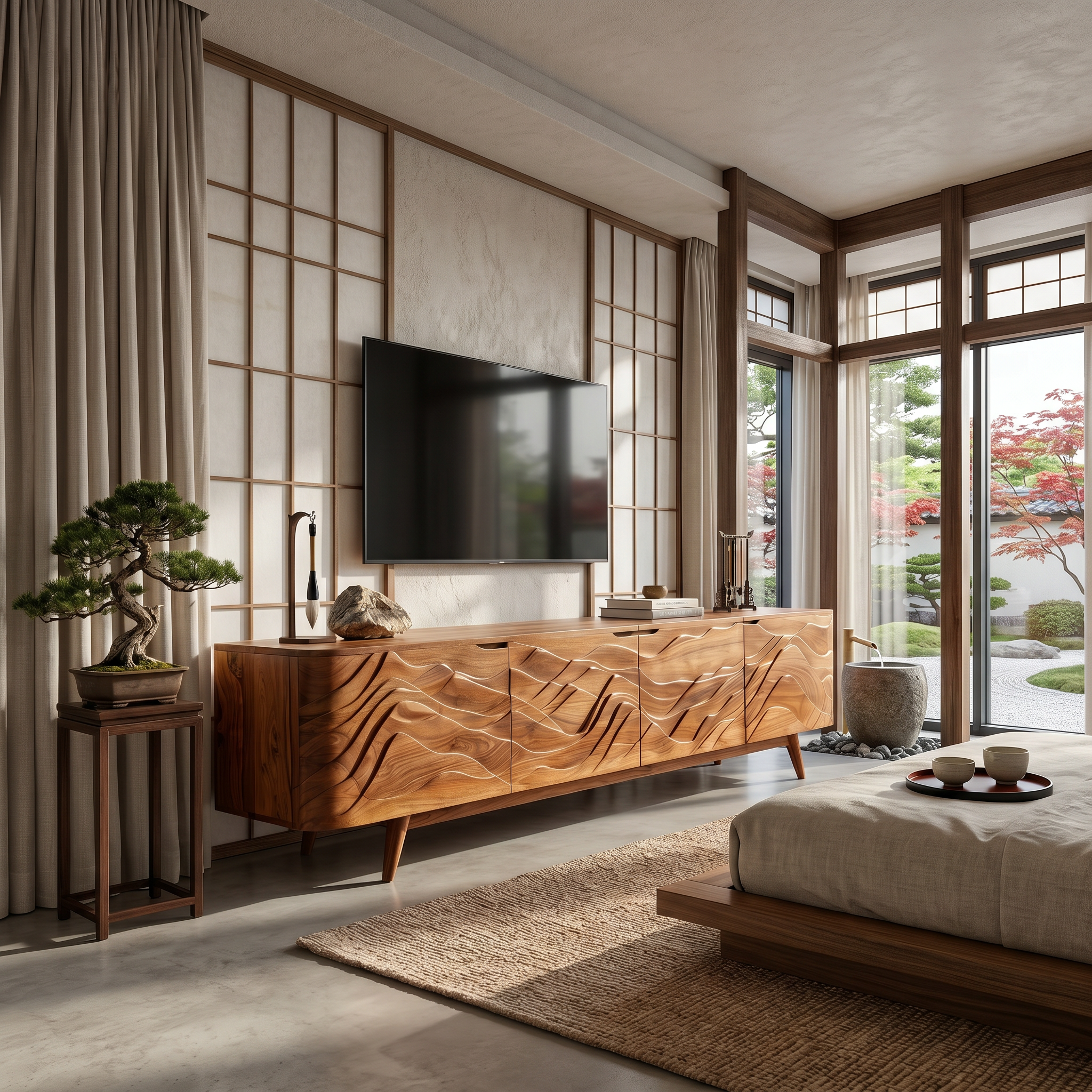 Handcrafted Wave Wood TV Stand For Media Room SILDTTRTVC074