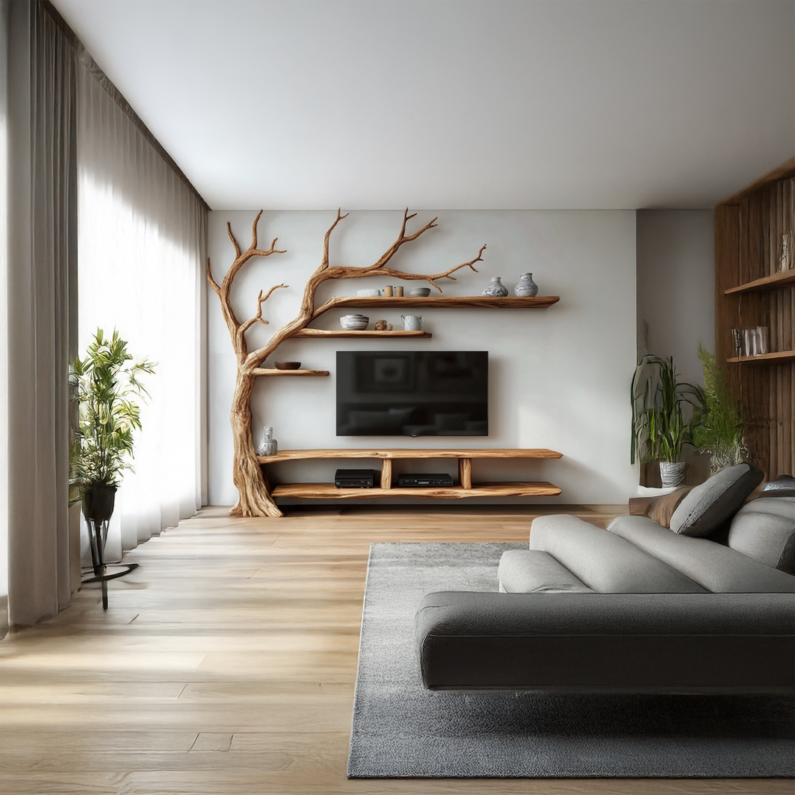 Rustic Organic Tree Wall TV Shelf Modern Home SINLSATB515