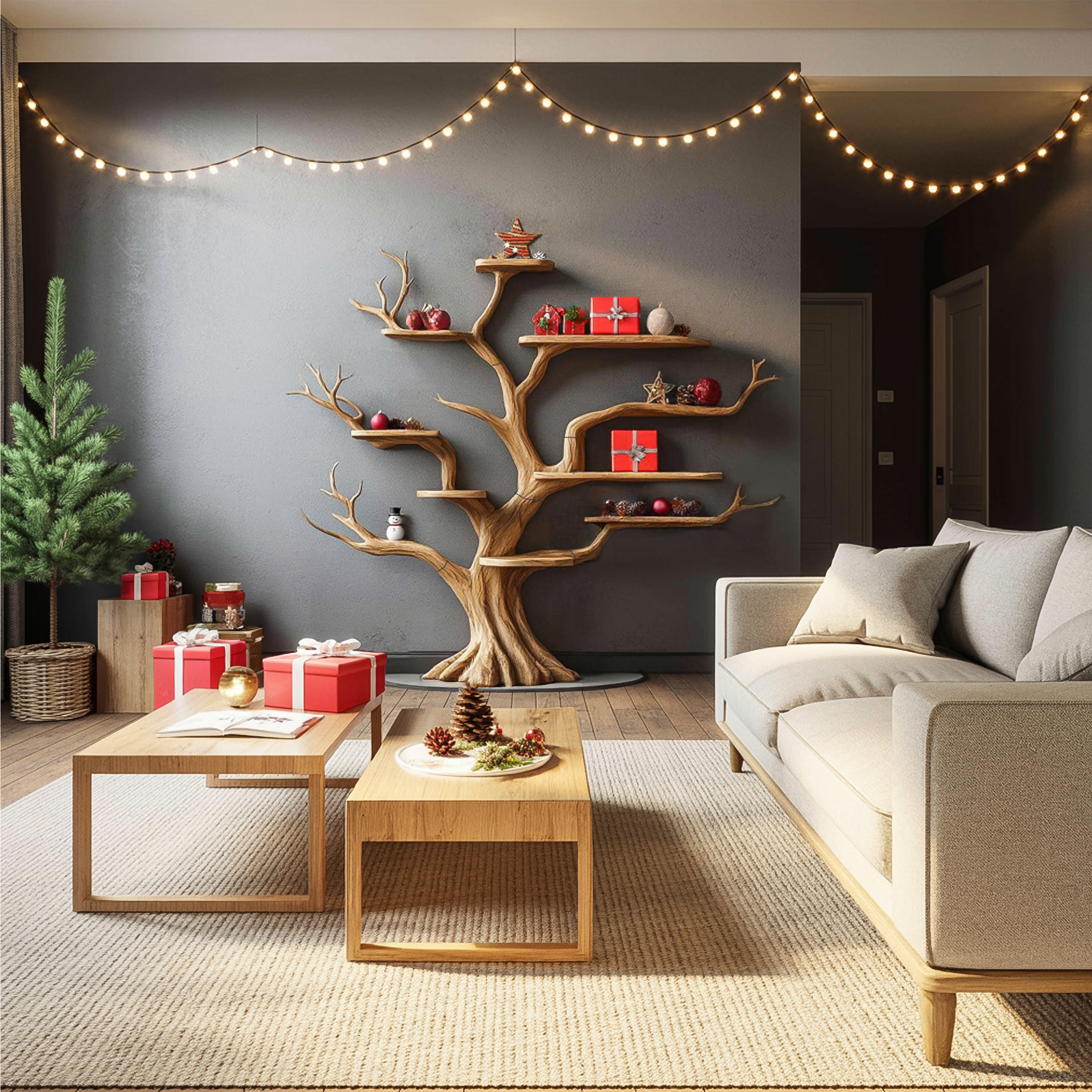 Rustic Organic Tree Shelf Christmas Edition Entryway SINLSATB559