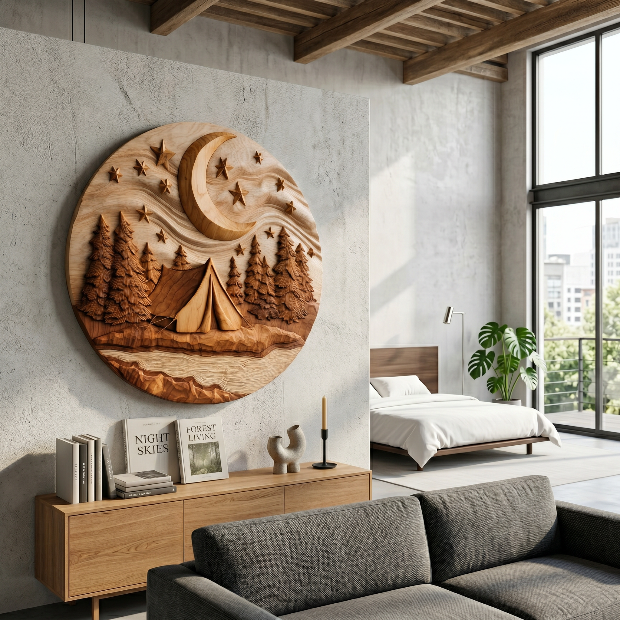 Moonlit Forest Wood Wall Sculpture For Rustic Music Room Decoration SILDTTRWA084
