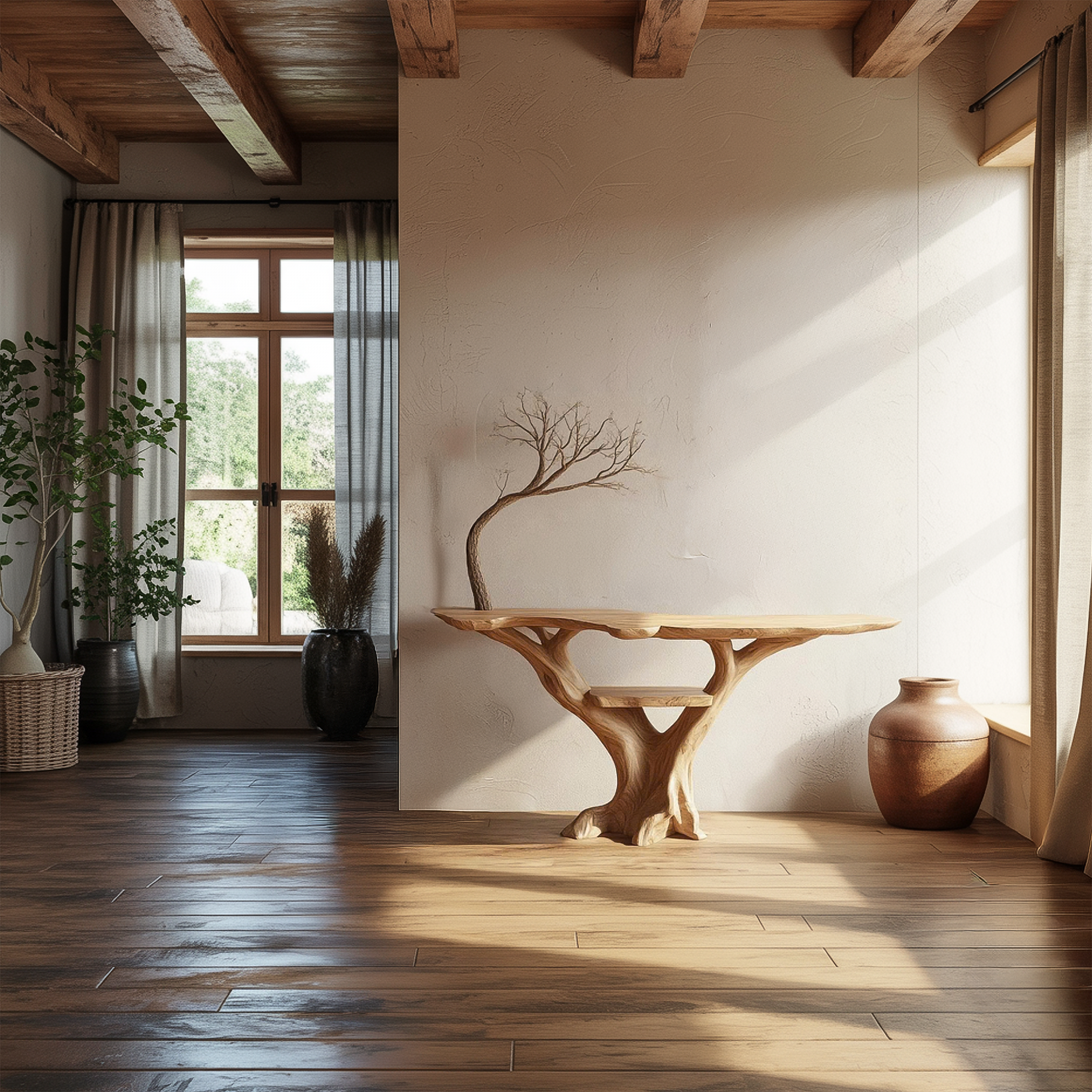 Mid Century Console Table Sculpted Wood Tree Hallway Entrance SINLSACS391