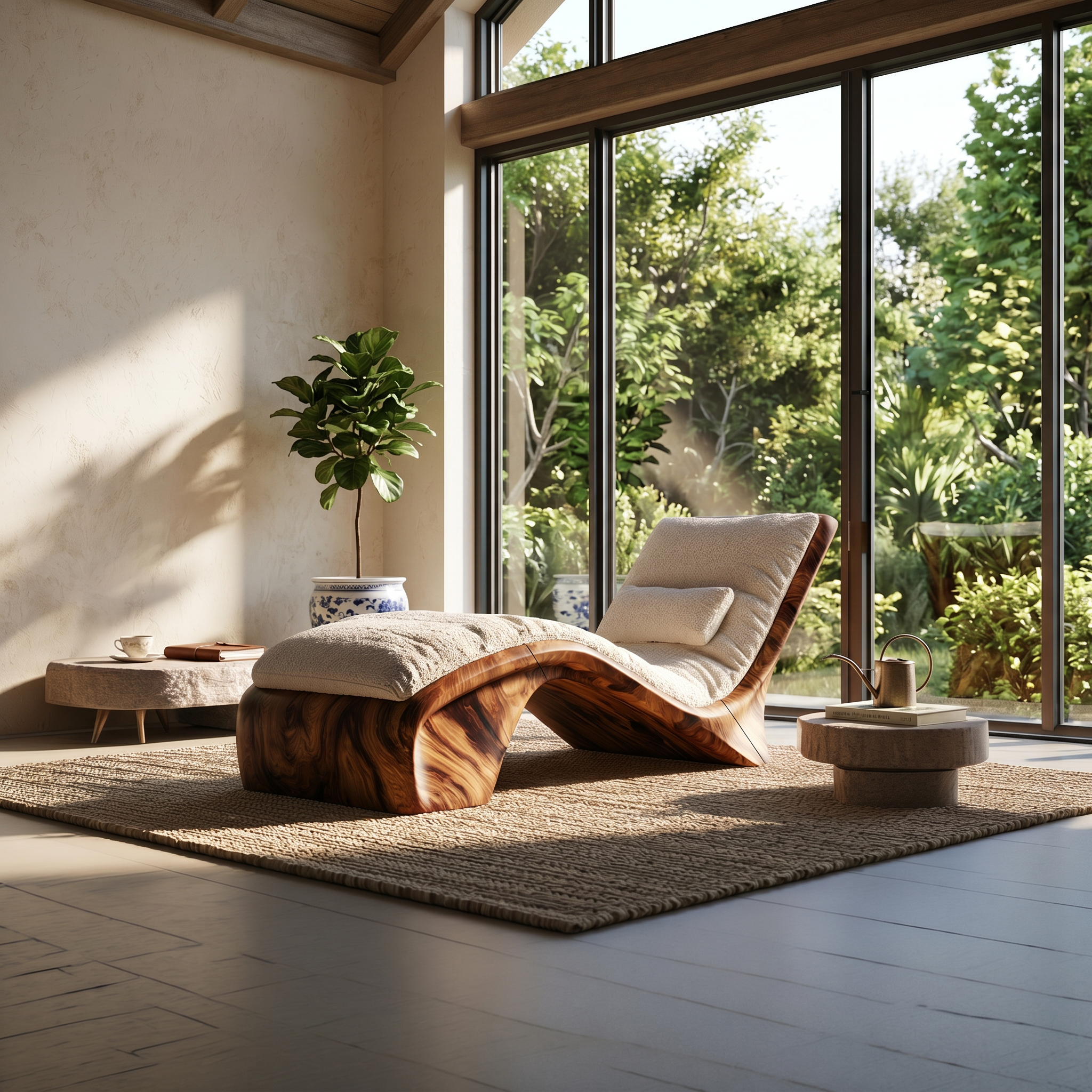 Sculptural Wood Chaise Lounge Coastal Modern Oceanfront Residence SILDTTRDB003