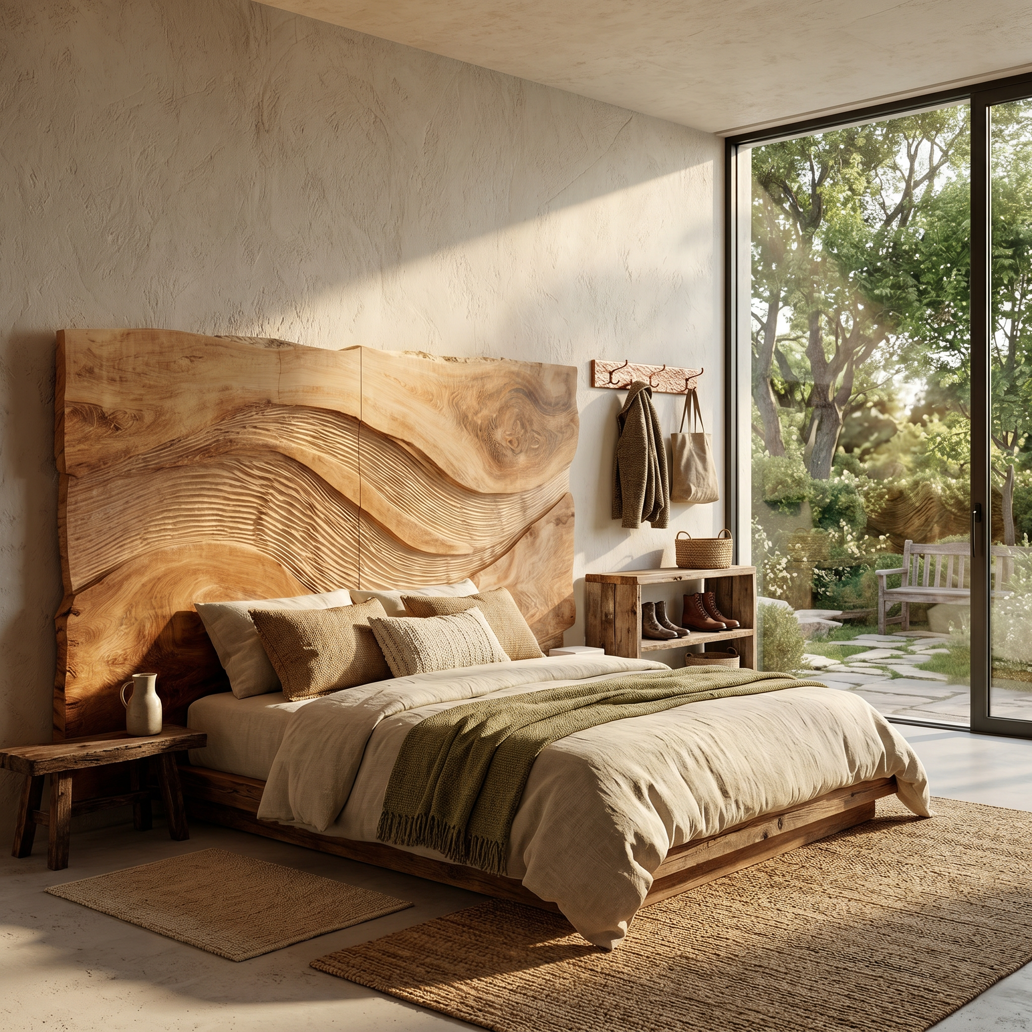 Contemporary Wave Carved Wood Headboard For Warm Minimalist Bedroom SILDTTRHB017
