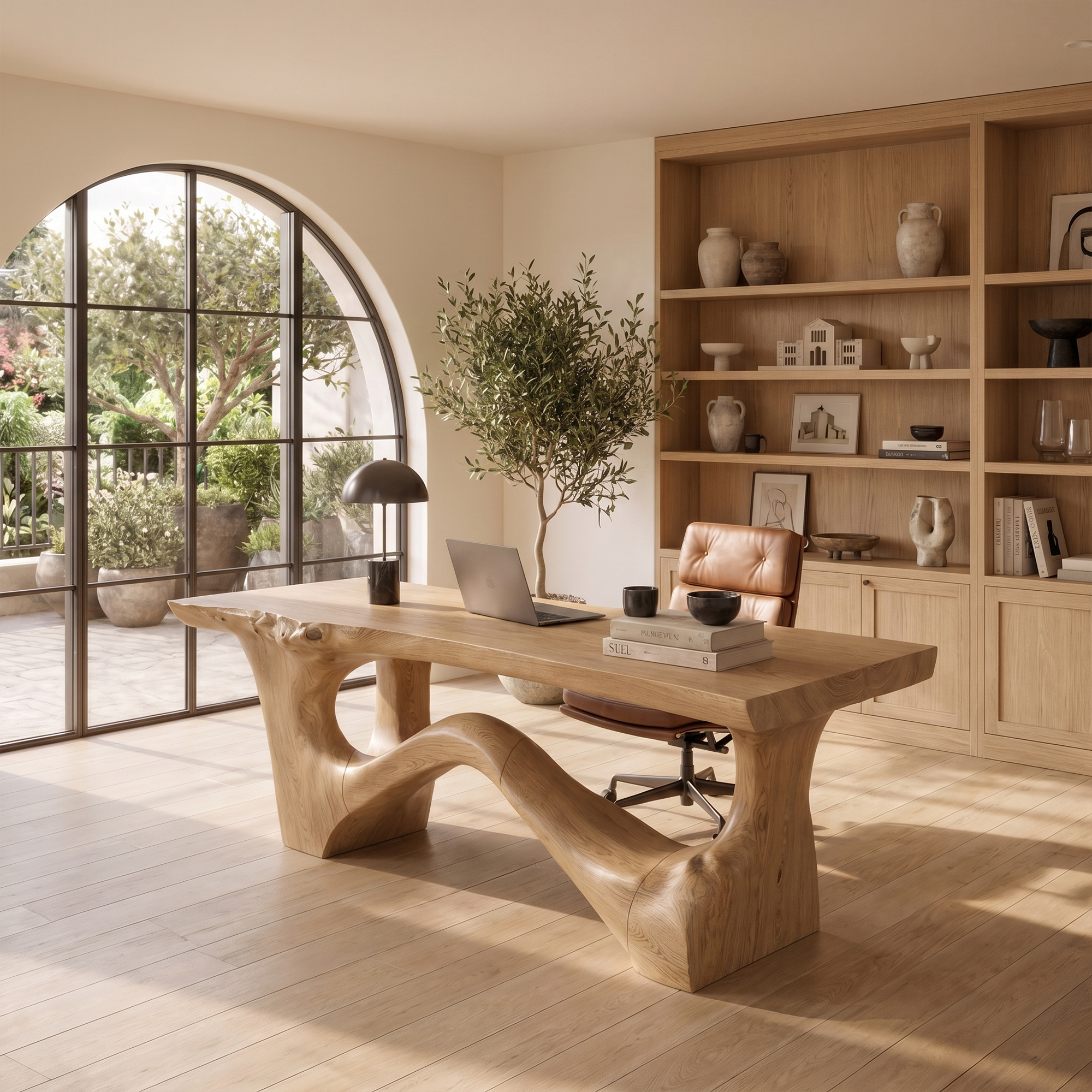 Organic Sculptural Desk With Asymmetrical Wood Base And Solid Wood Top For Home Office And Workspace SINLKIDK114