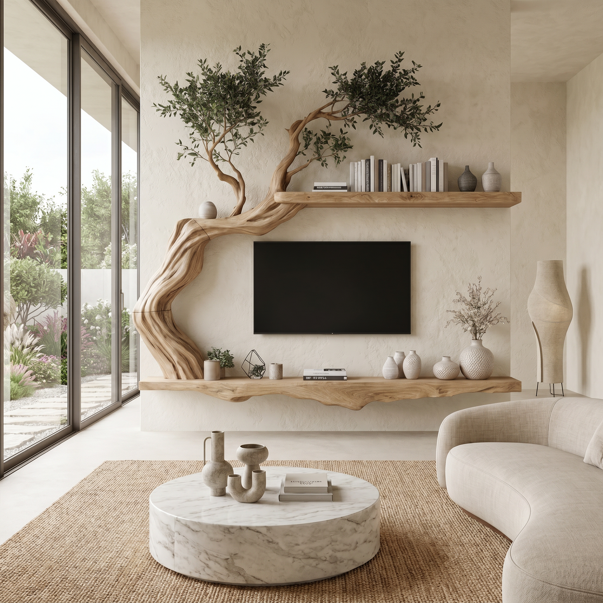 Organic Wall Mounted TV Stand With Sculptural Wood Design For Living Room SINLKITC078