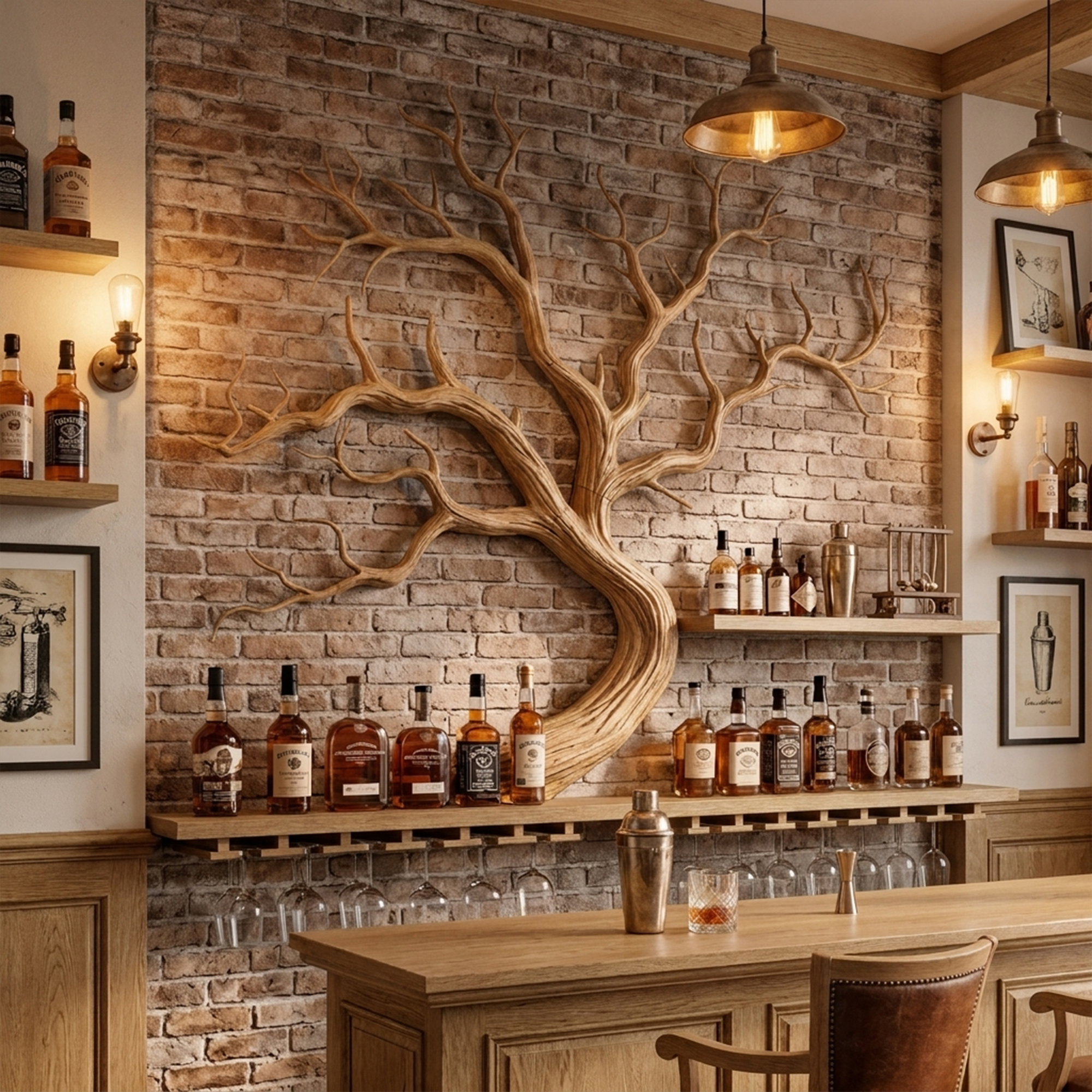 Artistic Tree Branch Wine Rack Wooden Wall Shelf For Kitchen Dining Room Bar SINLKIWR014