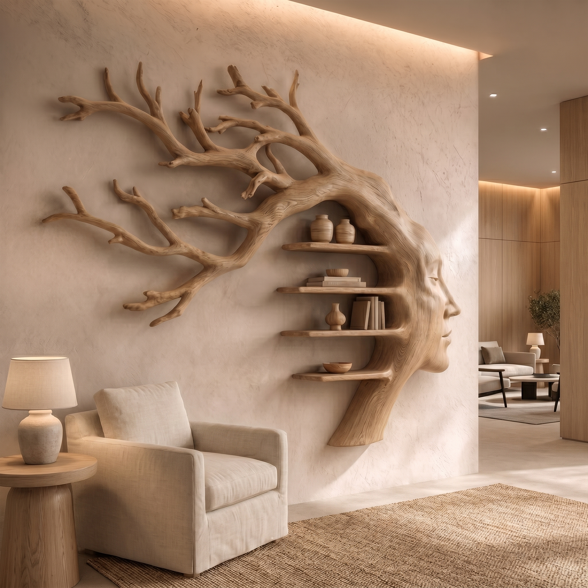 Rustic Tree Branch Wooden Wall Art With Floating Shelves For Living Room And Entryway SINLKIWD105