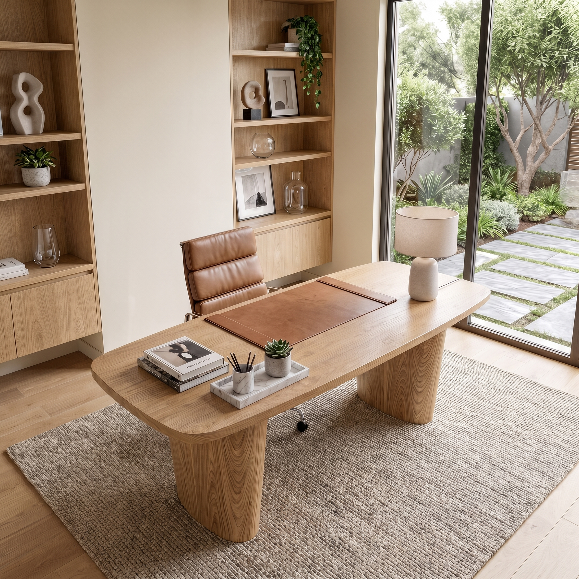 Modern Executive Wooden Desk With Sculptural Solid Wood Base For Home Office And Workspace SINLKIDK109