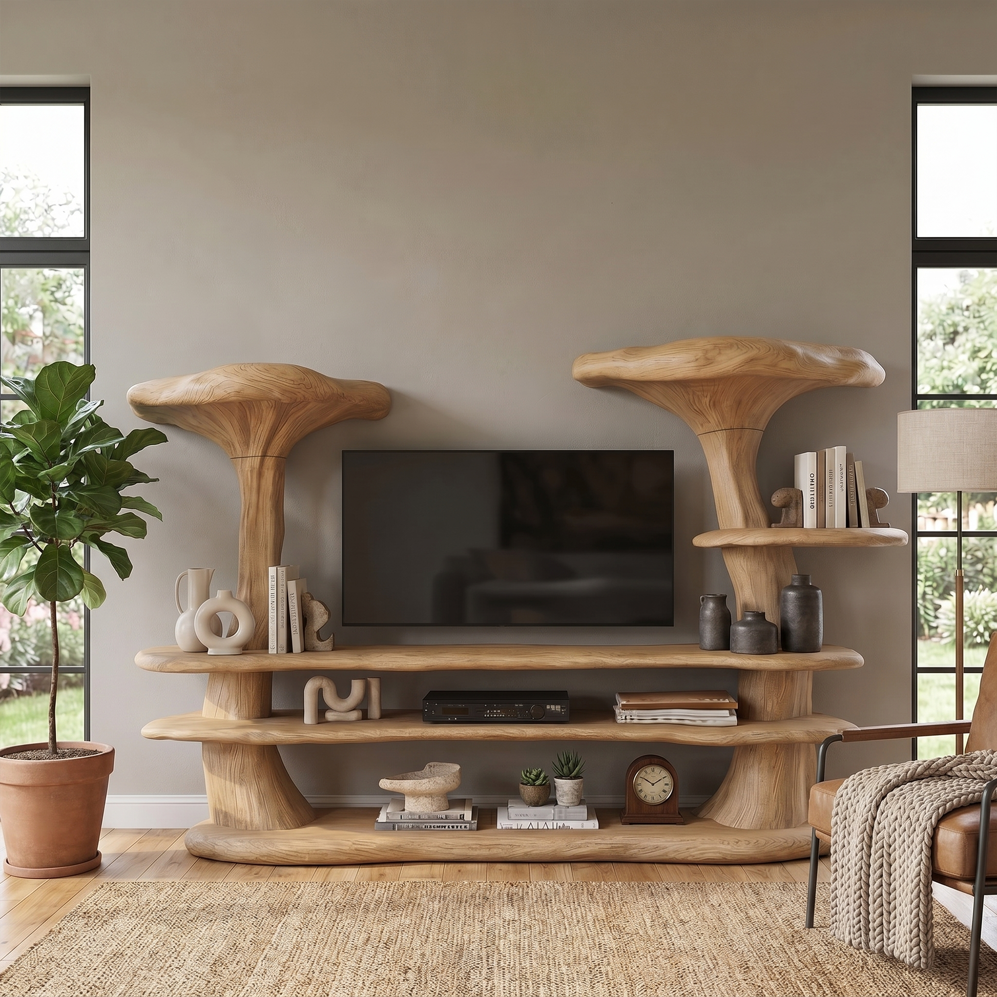 Organic Mushroom TV Stand With Sculptural Solid Wood Design For Living Room SINLKITC055