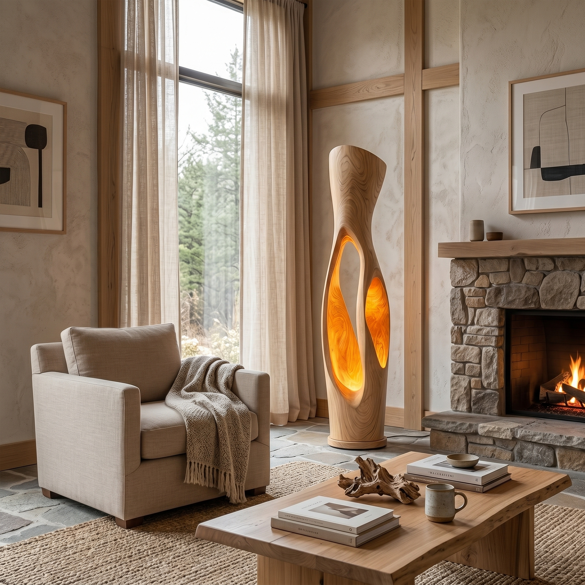 Modern Organic Floor Lamp With Illuminated Hollow Wood Design For Living Room SINLKIFLP102