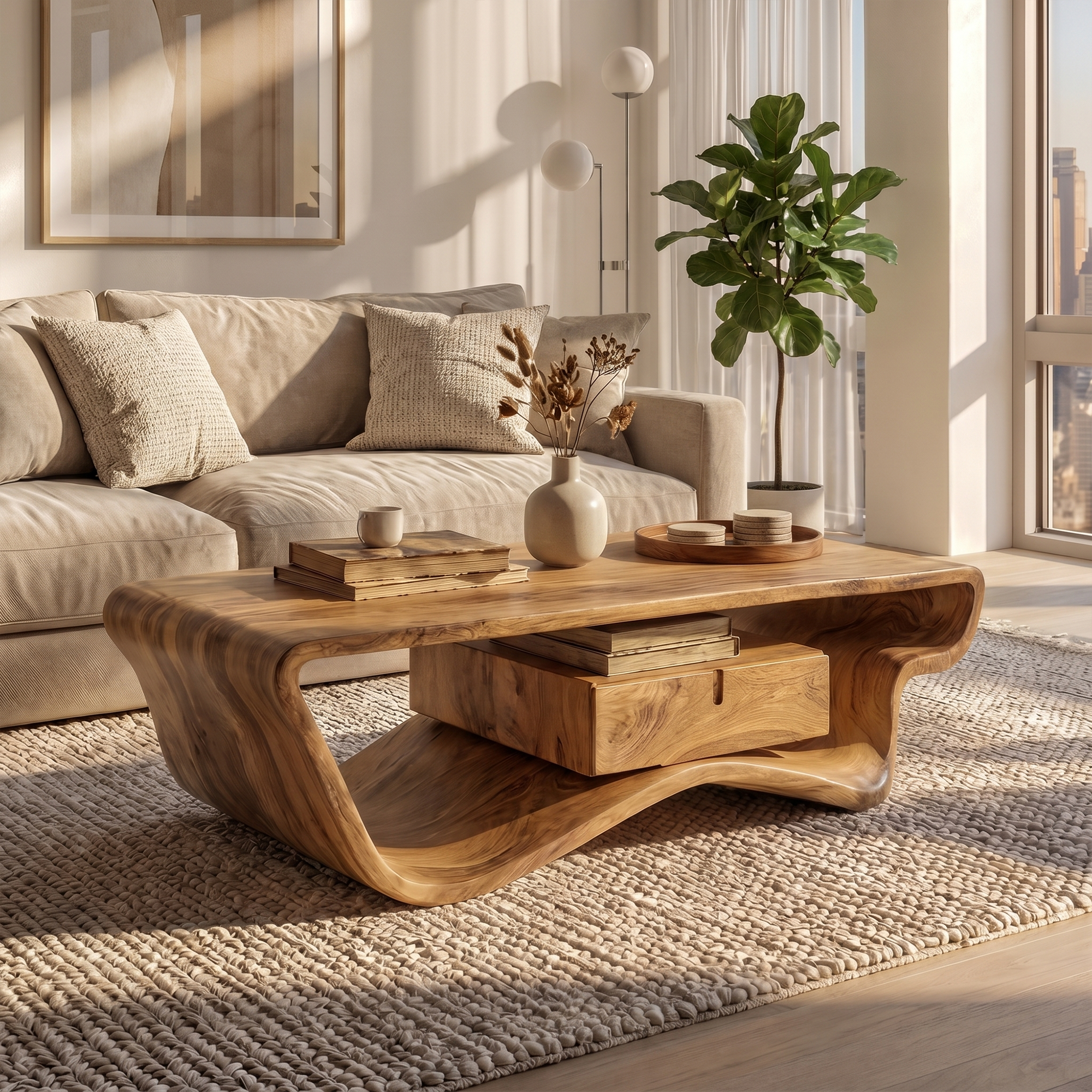Curved Sculptural Coffee Table With Storage Drawer For Living Room SINLKICF361
