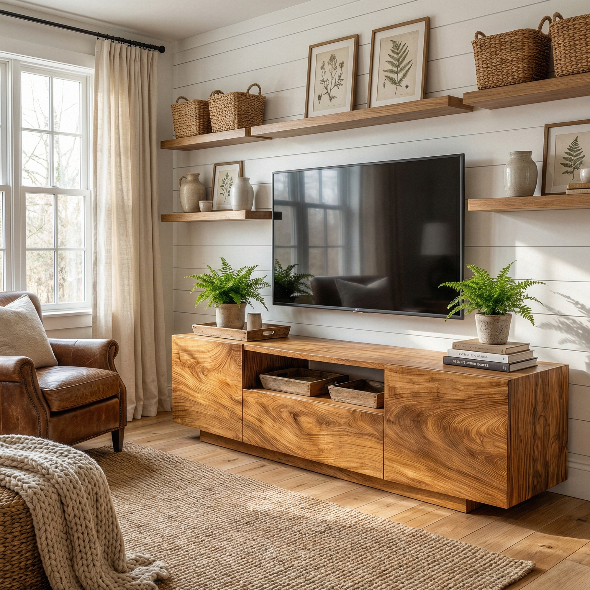 Modern Rustic TV Cabinet Solid Wood Low Profile Block Design Living Room SINLKITC030