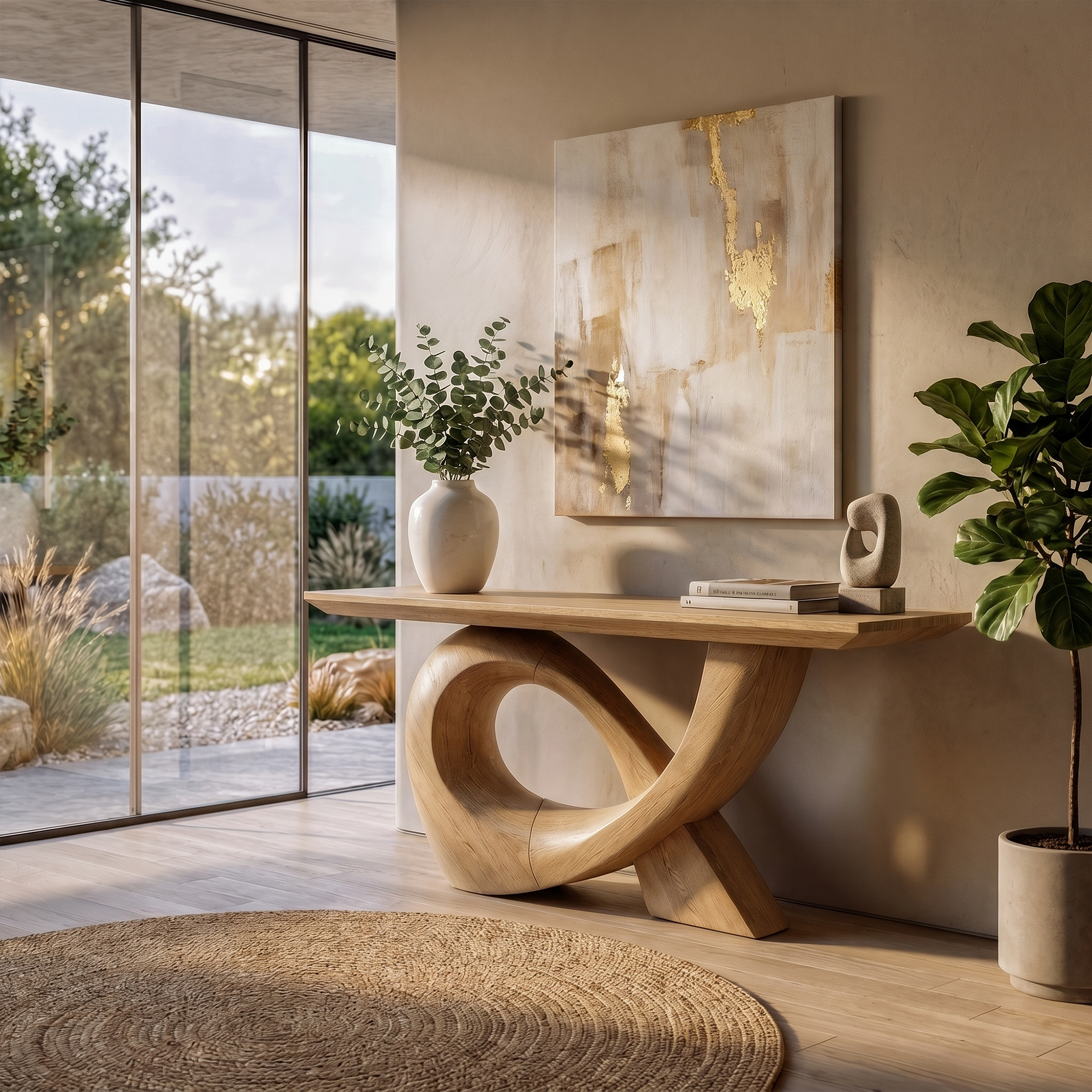 Sculptural Console Table With Flowing Curved Wood Base For Entryway And Living Room SINLKICS596