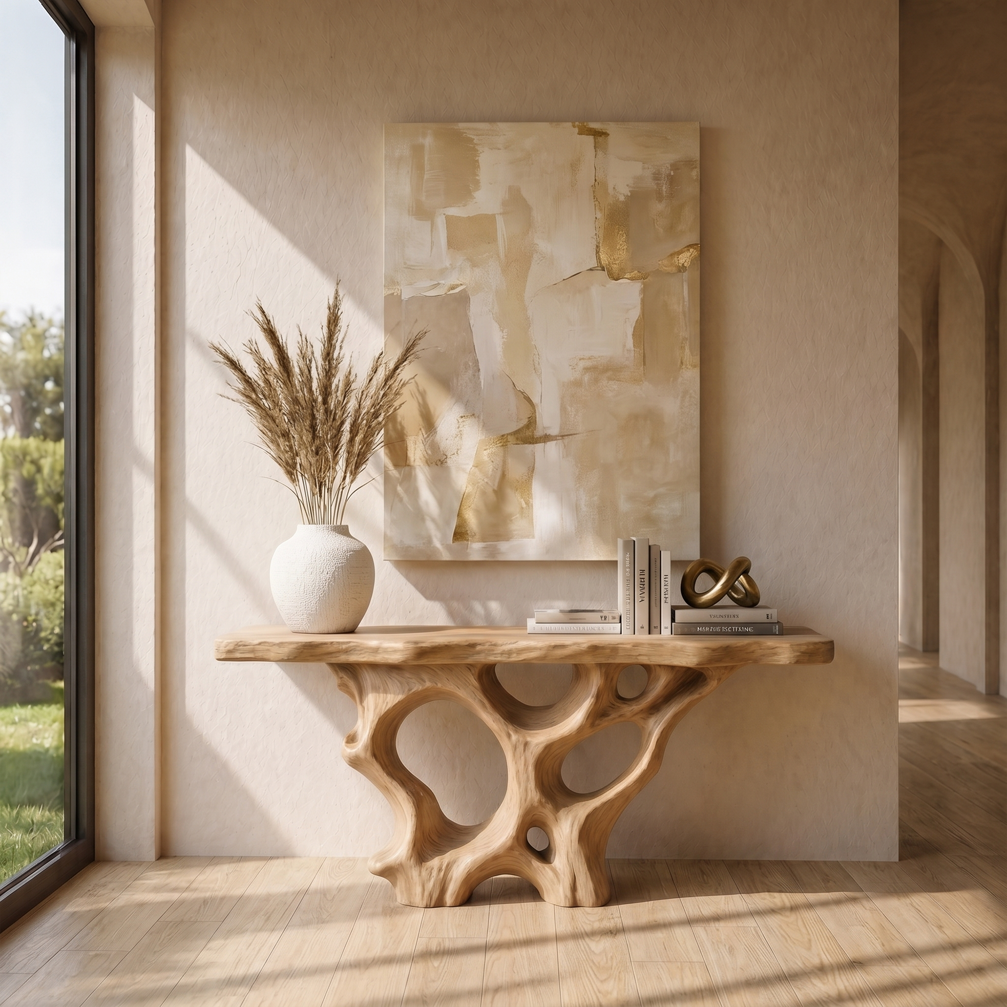 Organic Unique Console Table With Sculptural Natural Wood Base For Living Room SINLKICS599