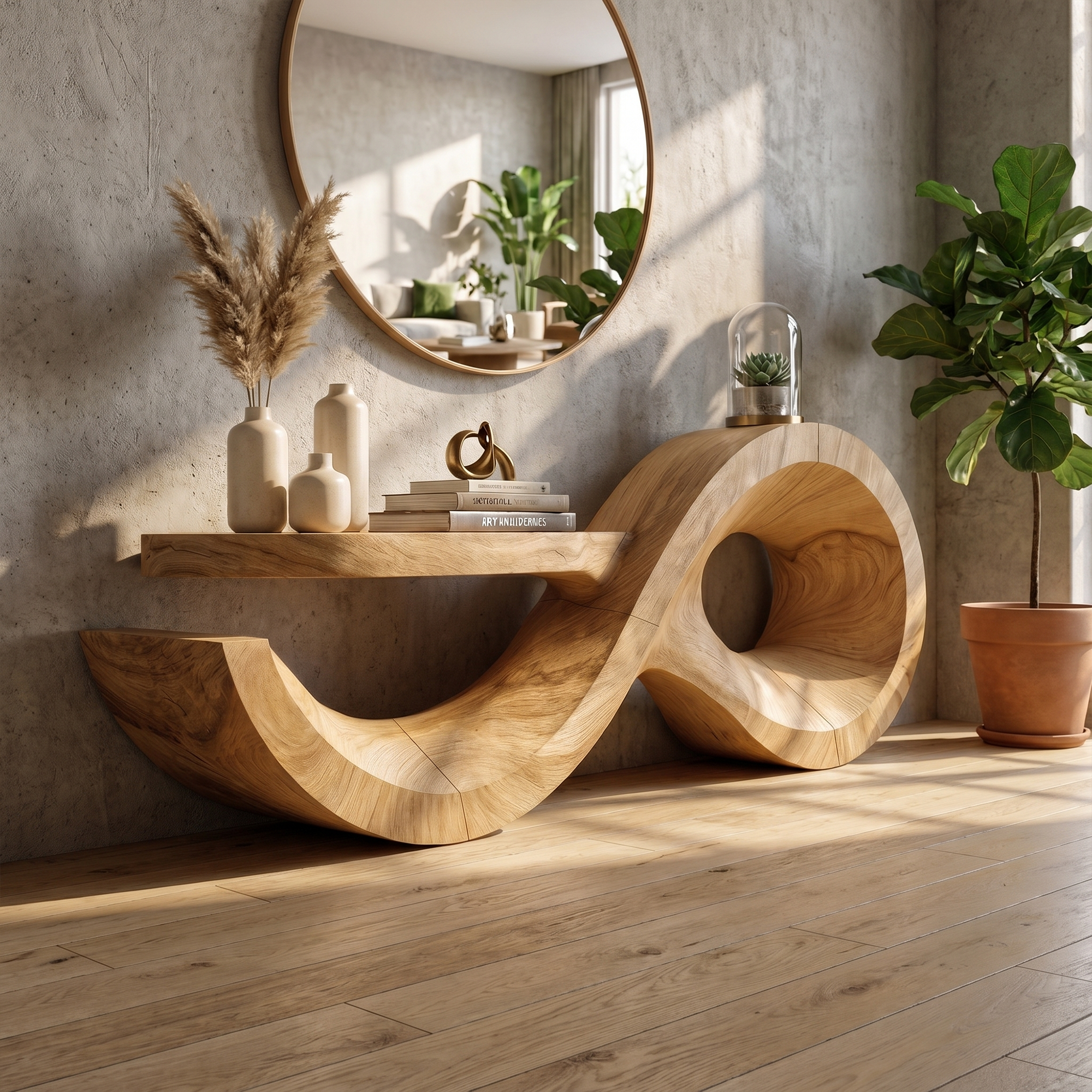 Contemporary Console Table With Sculptural Wave Wood Base And Solid Wood Top For Living Room SINLKICS601