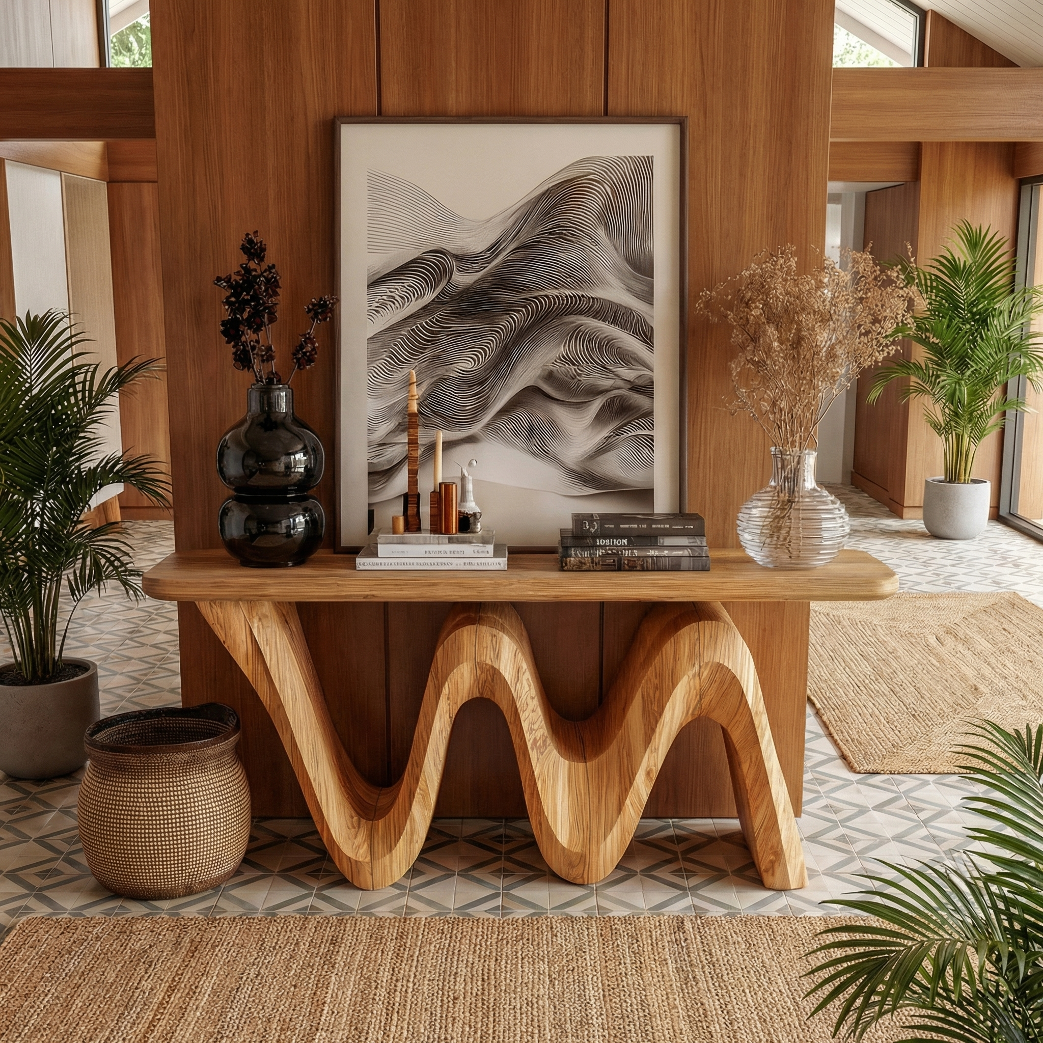 Organic Flow Console Table Solid Wood Sculptural Wave Base Entryway Or Hallway SINLKICS557