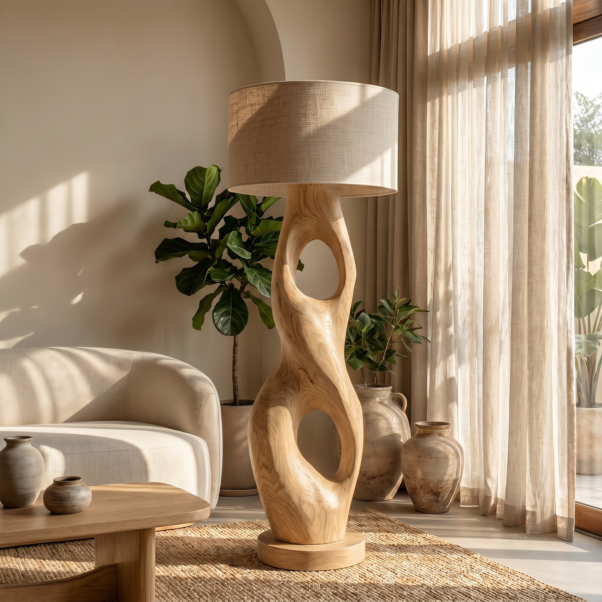 Rustic Floor Lamp With Handcrafted Hollow Wood Sculpture Base For Living Room SINLKIFLP088