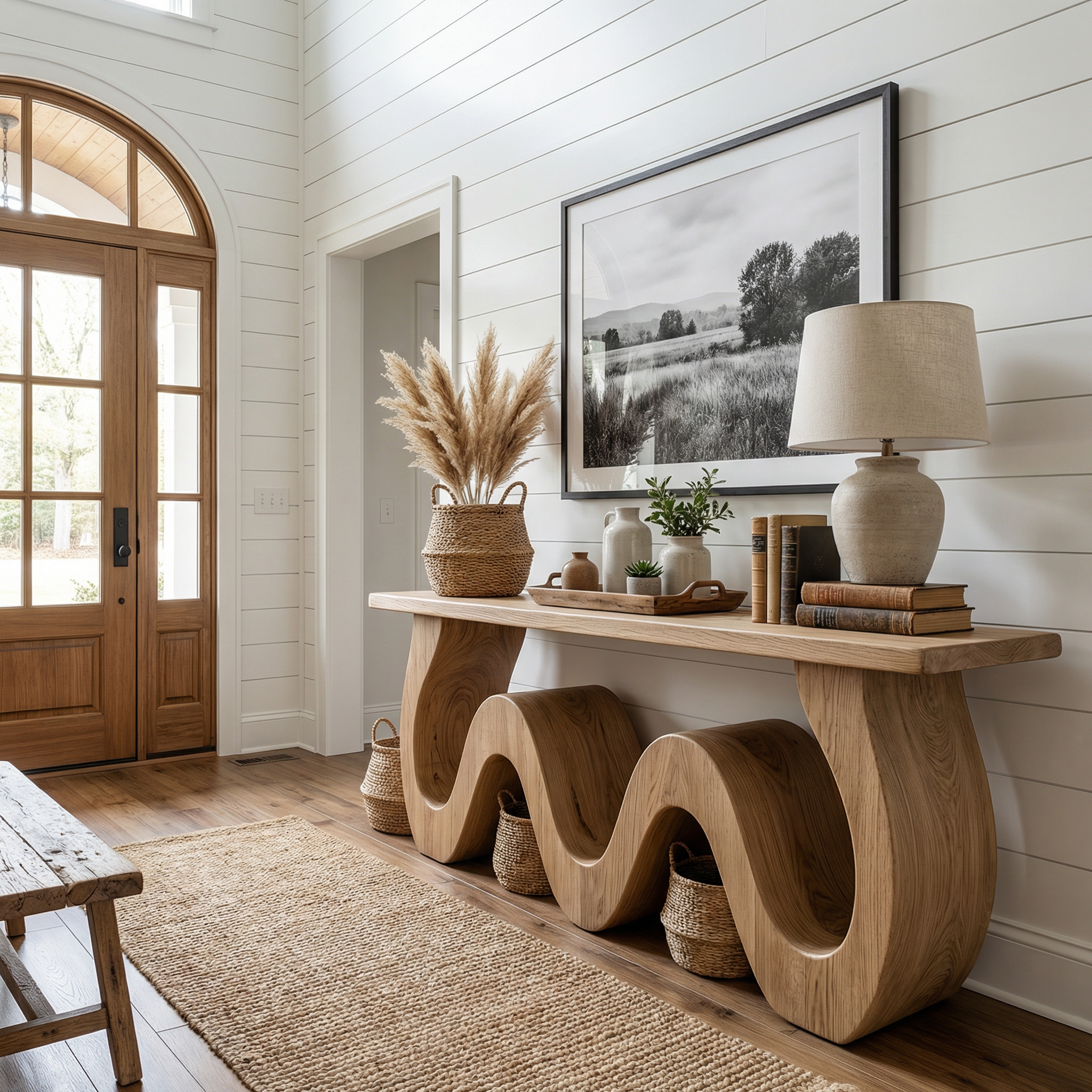 Organic Wave Console Table Solid Wood Bold Sculptural Curve Design Entryway And Living Room SINLKICS559
