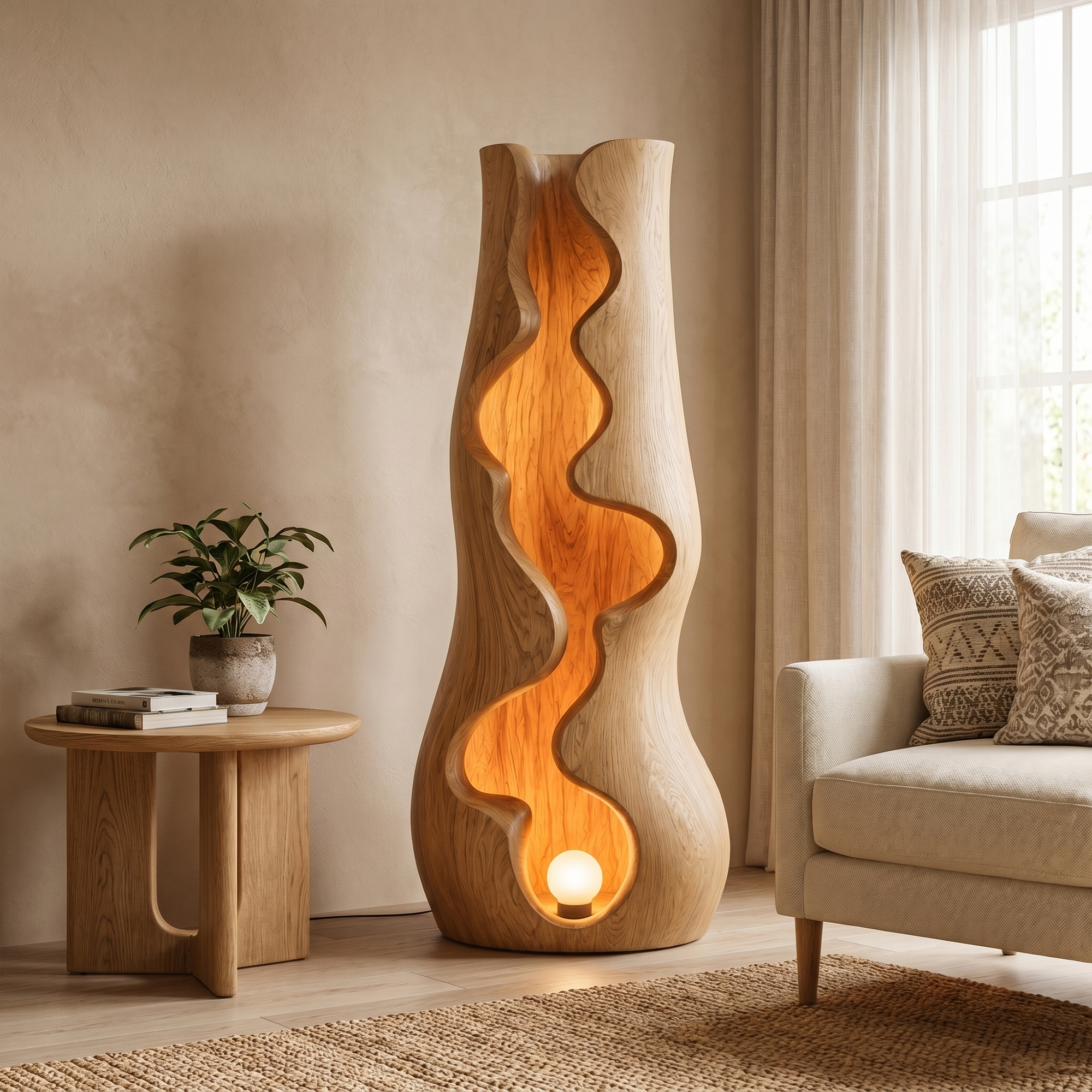 Organic Floor Lamp With Sculptural Wave Wood Design For Living Room And Bedroom SINLKIFLP105
