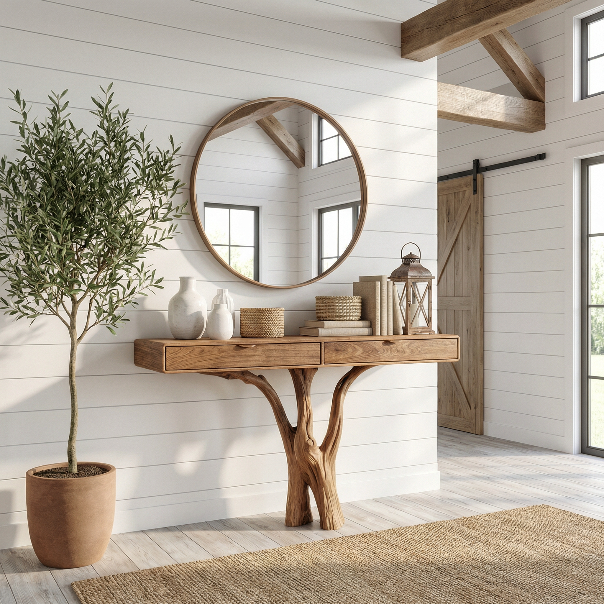 Sculptural Tree Console Table Solid Wood Branch Pedestal Design Living Room And Entryway SINLKICS560