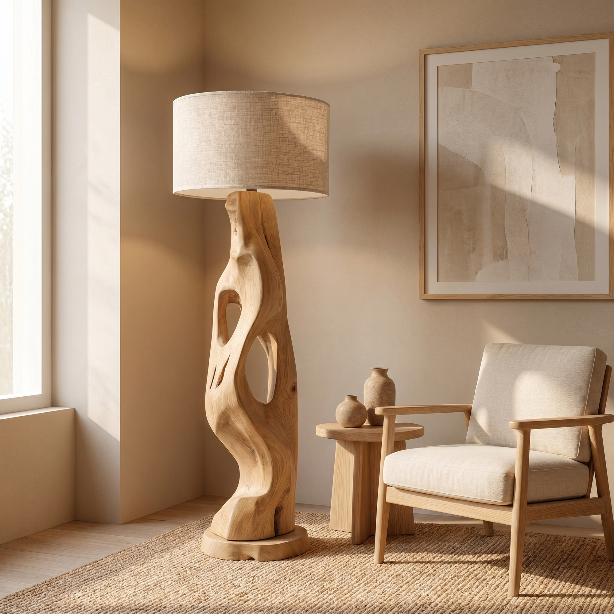 Organic Modern Standing Lamp With Artistic Solid Wood Base For Living Room SINLKIFLP090