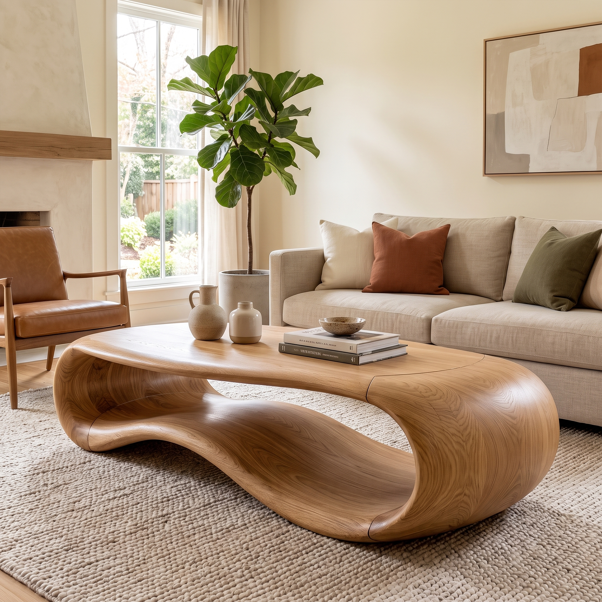 Modern Sculptural Solid Wood Coffee Table For Living Room SINLKICF337