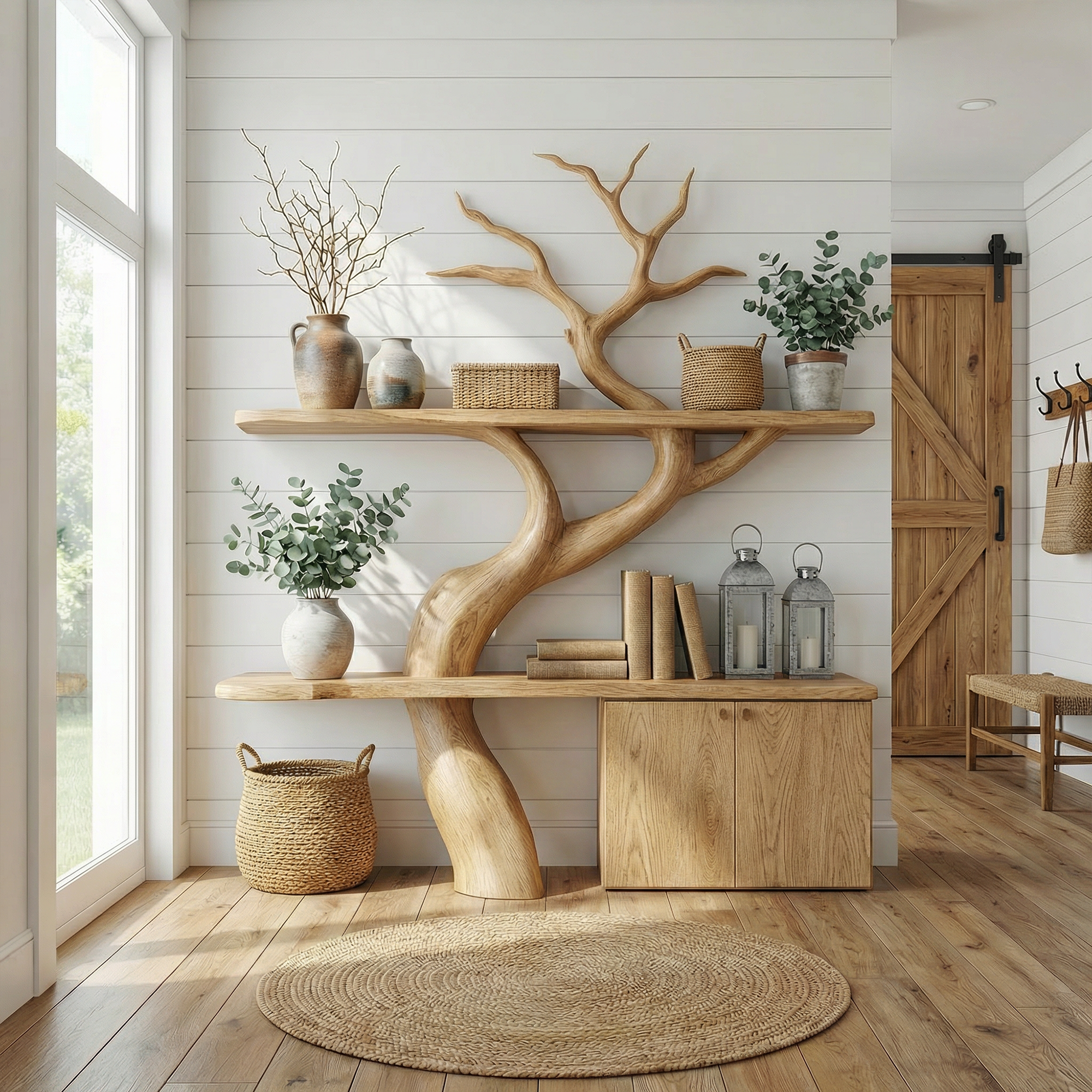 Rustic Tree Branch Bookshelf With Storage Cabinet For Living Room And Bedroom Space SINLKITB714